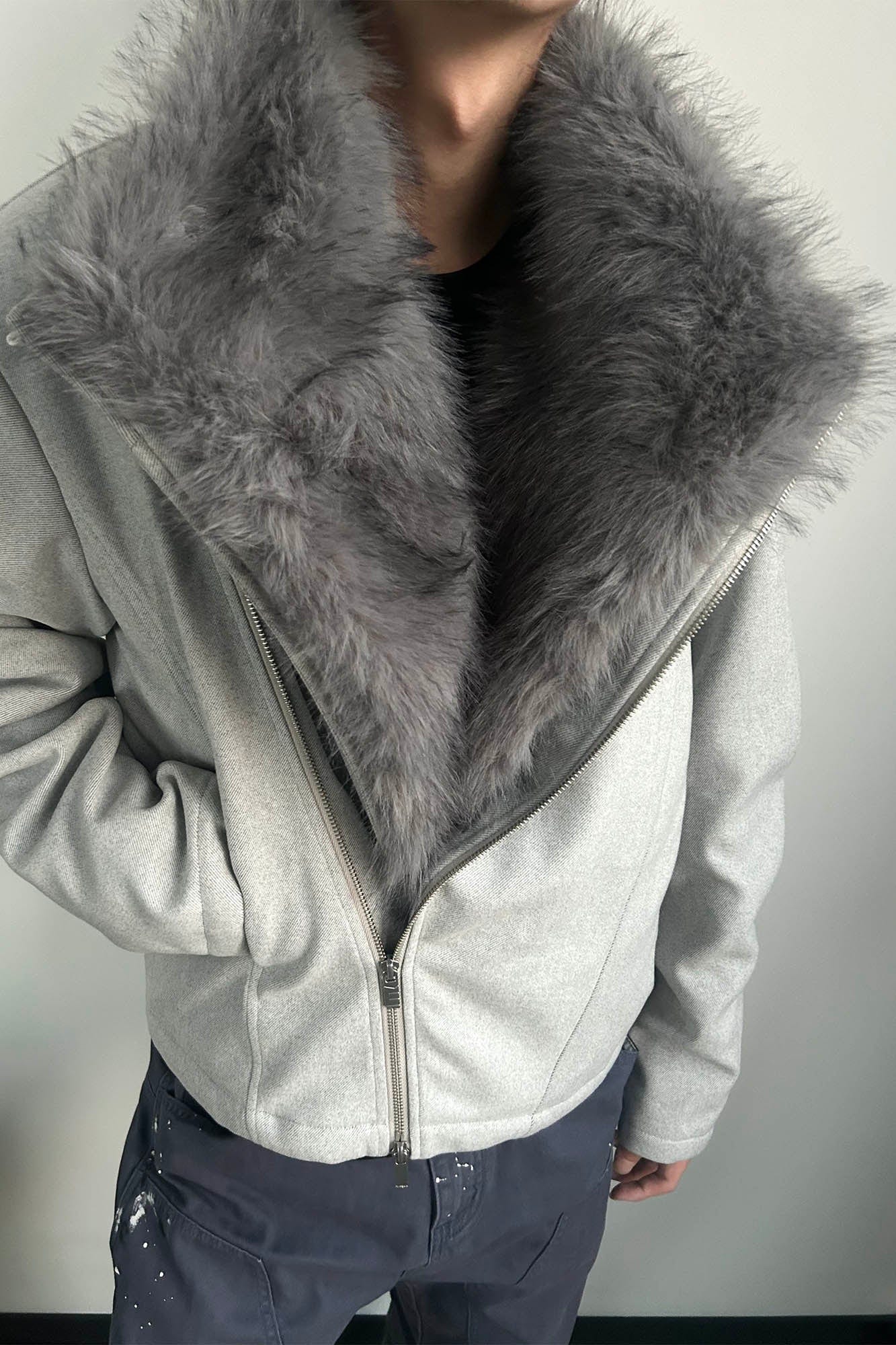 KREATE Detachable Faux Fur Collar Asymmetrical Jacket