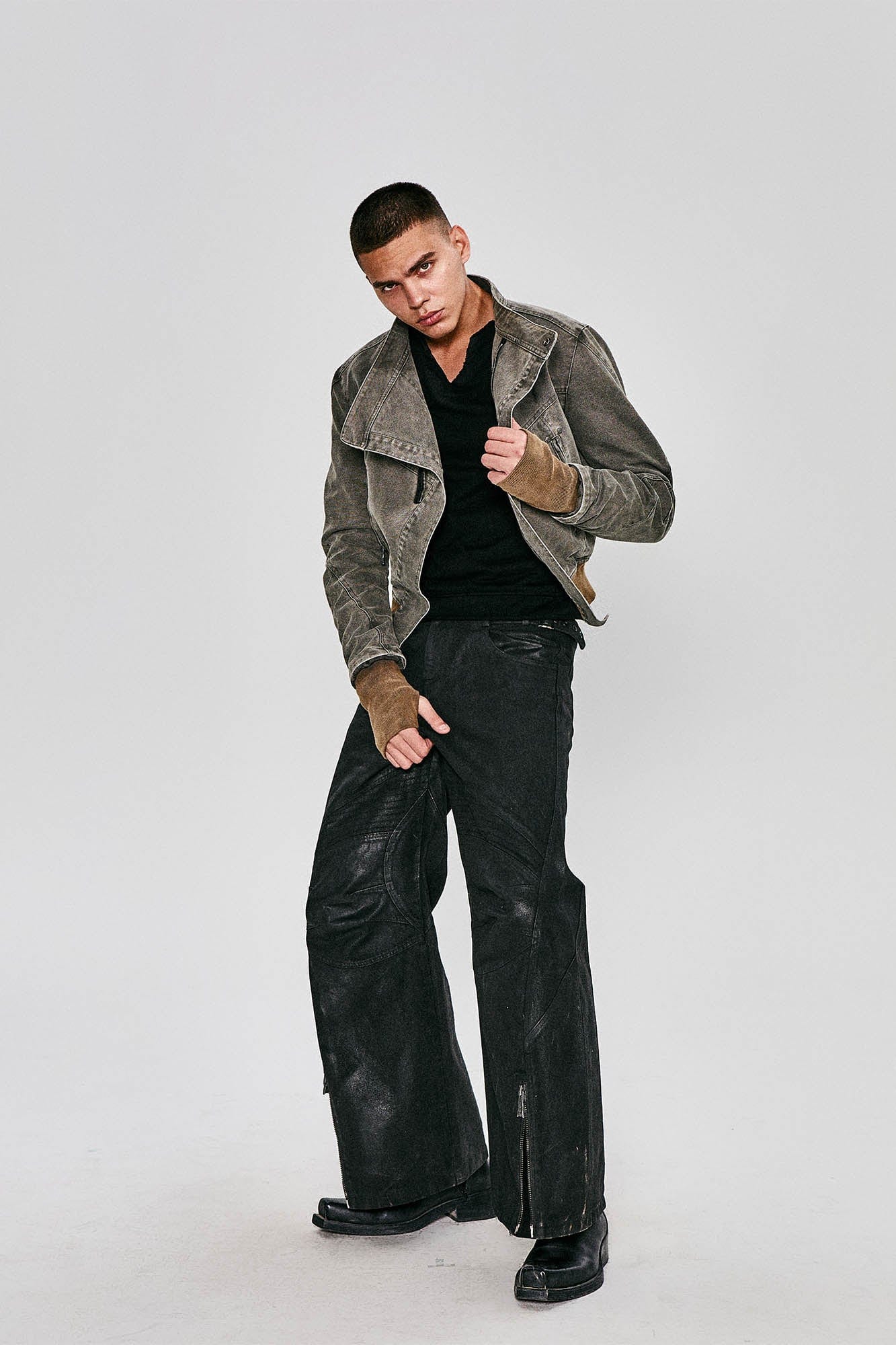 FLYERRER Waxed Deconstructed-Knee Zip-Hem Flared Pants