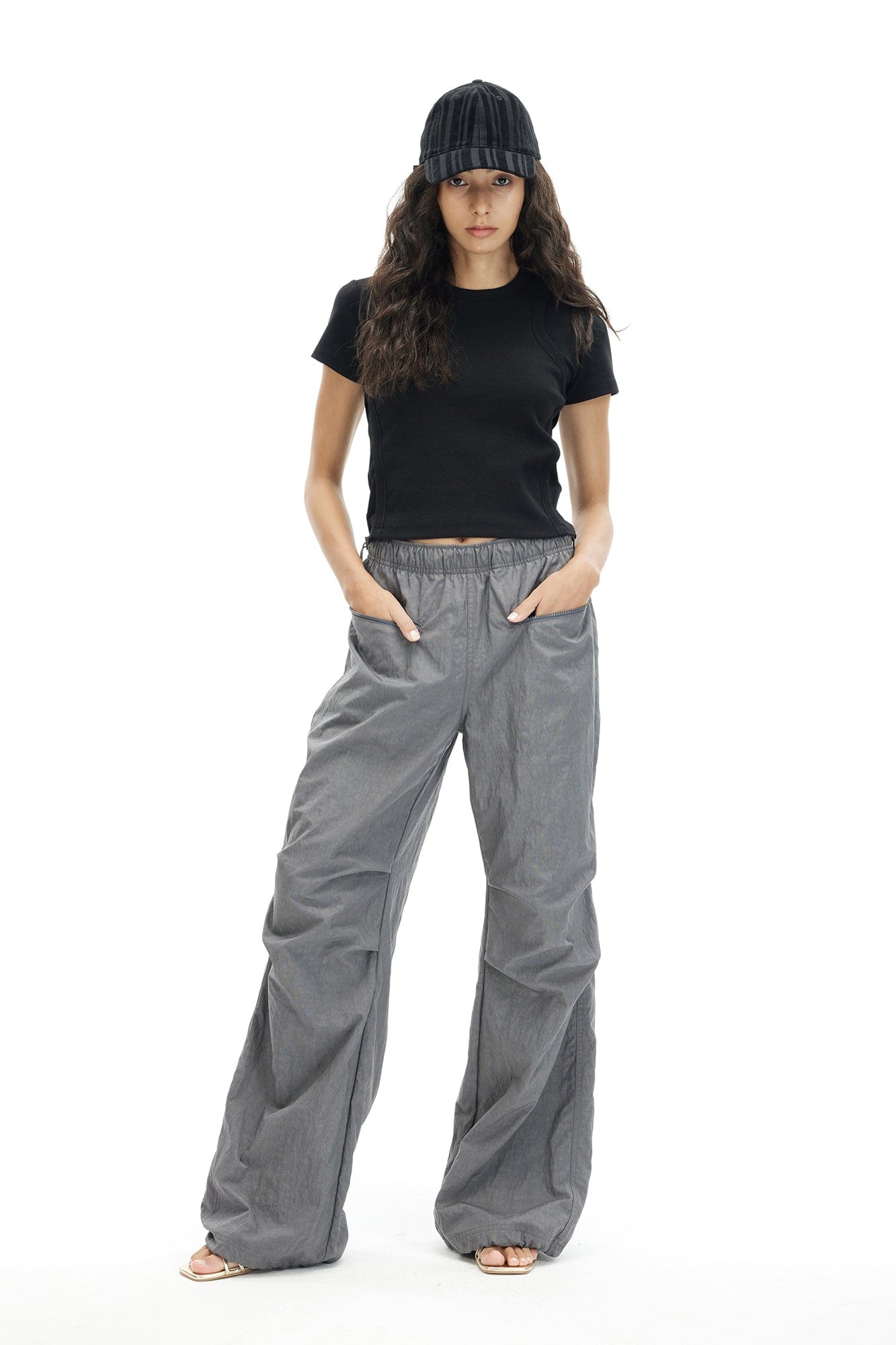 ARTIFICIAL WORLD Drawstring Zipper Pocket Parachute Pants