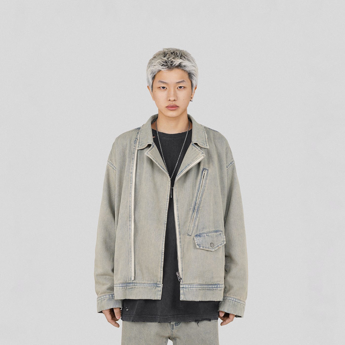 UNDERWATER Acid Wash Zipper Biker Jacket