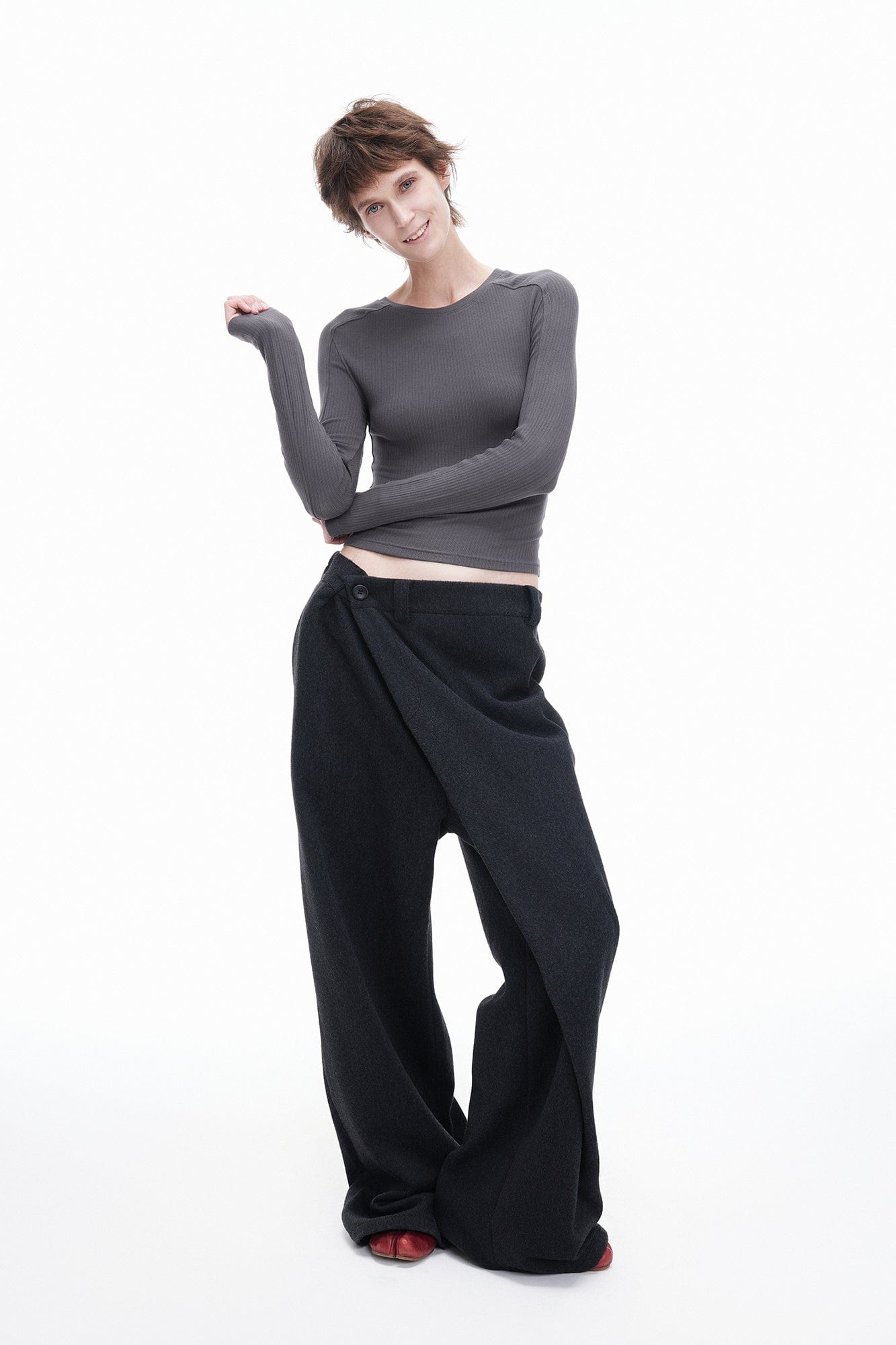 ARTIFICIAL WORLD Asymmetrical Overlay Wool Wide-Leg Pants