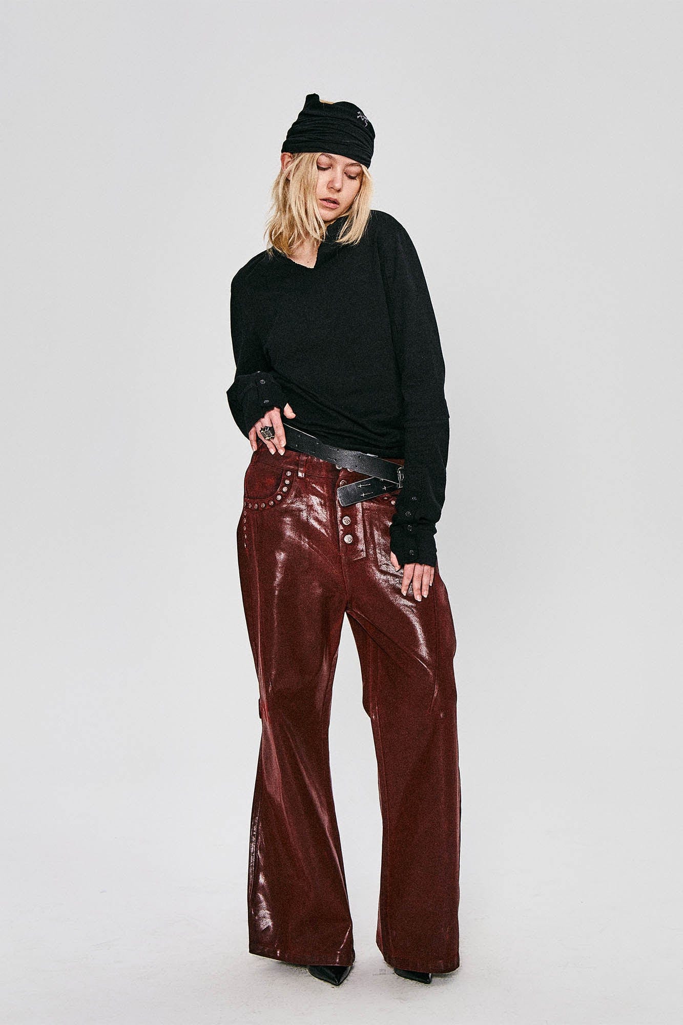 FLYERRER Waxed Spliced Studded Flared Pants