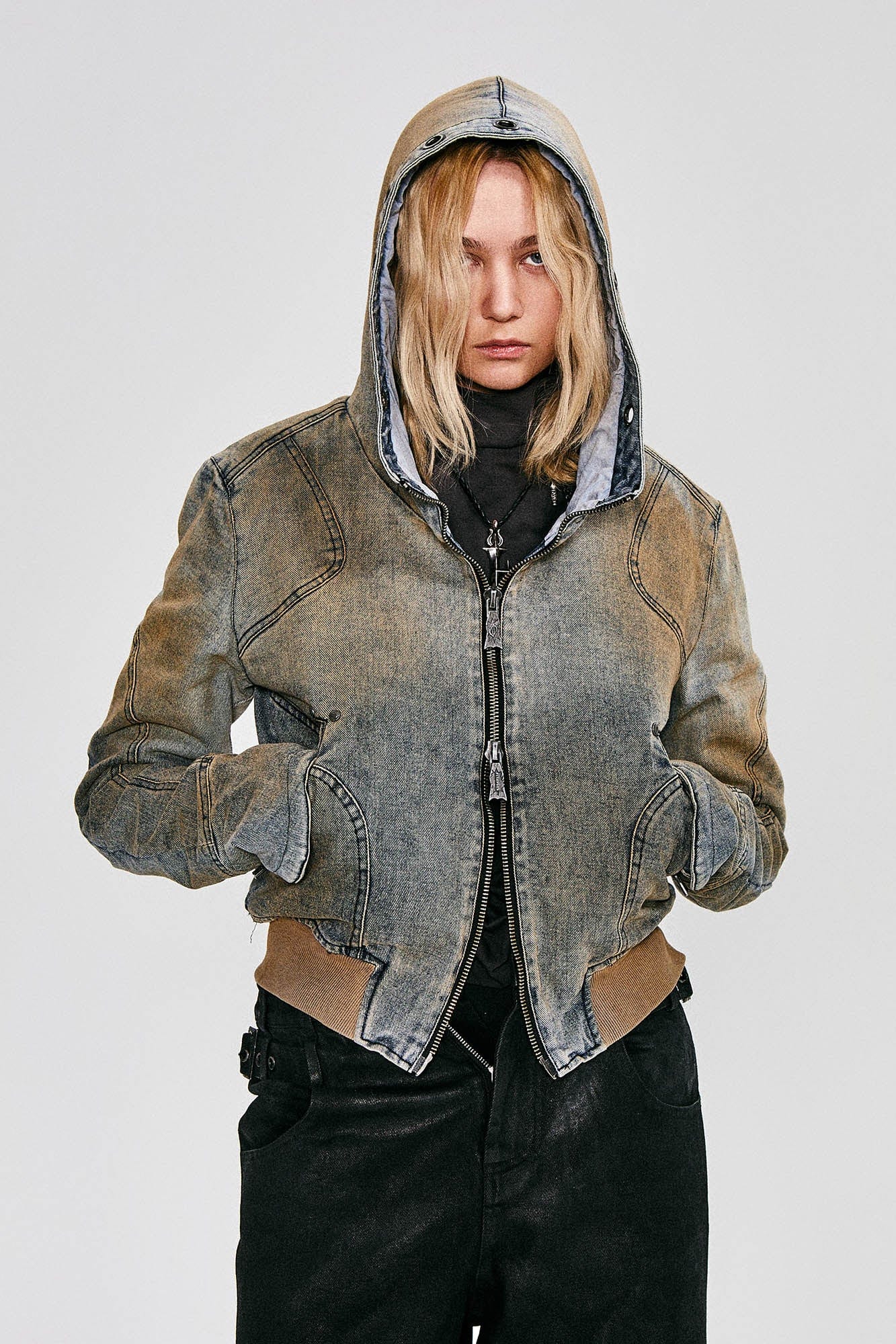 FLYERRER Distressed Spliced Studded Hooded Short Denim Jacket