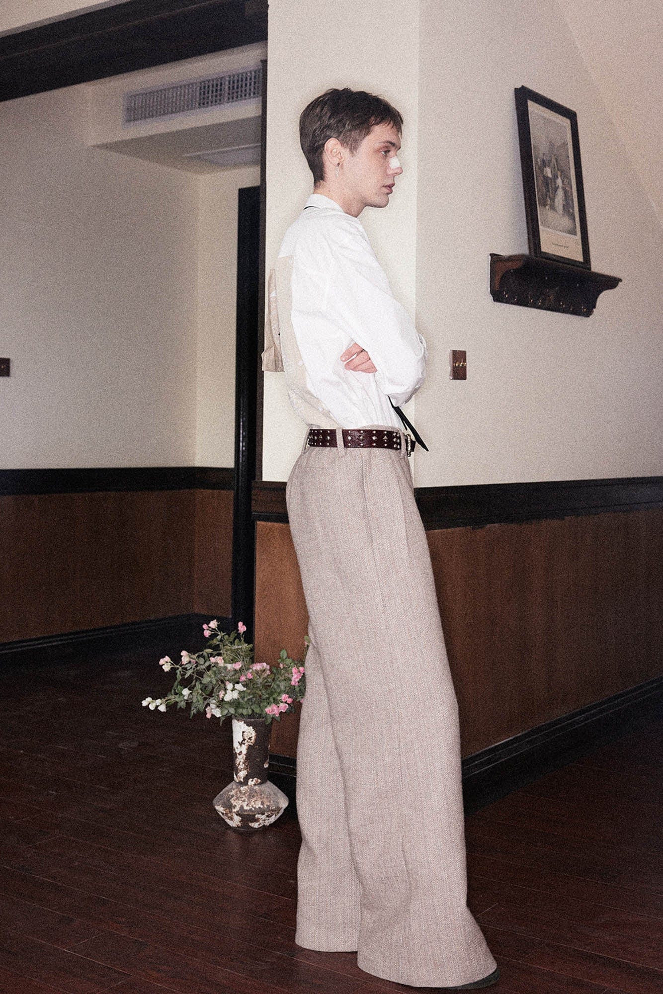 RICHILL Herringbone Hebrew Embroidery Wool-Blended Trousers