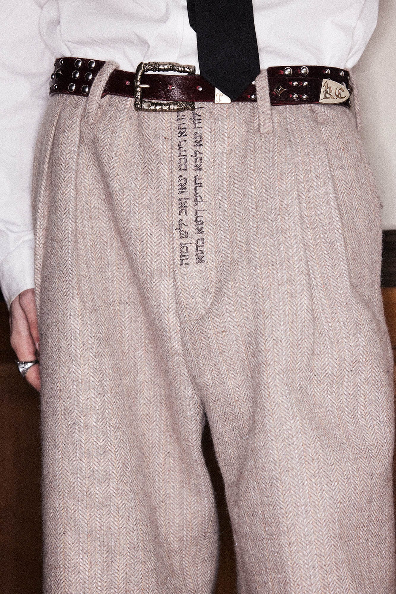 RICHILL Herringbone Hebrew Embroidery Wool-Blended Trousers