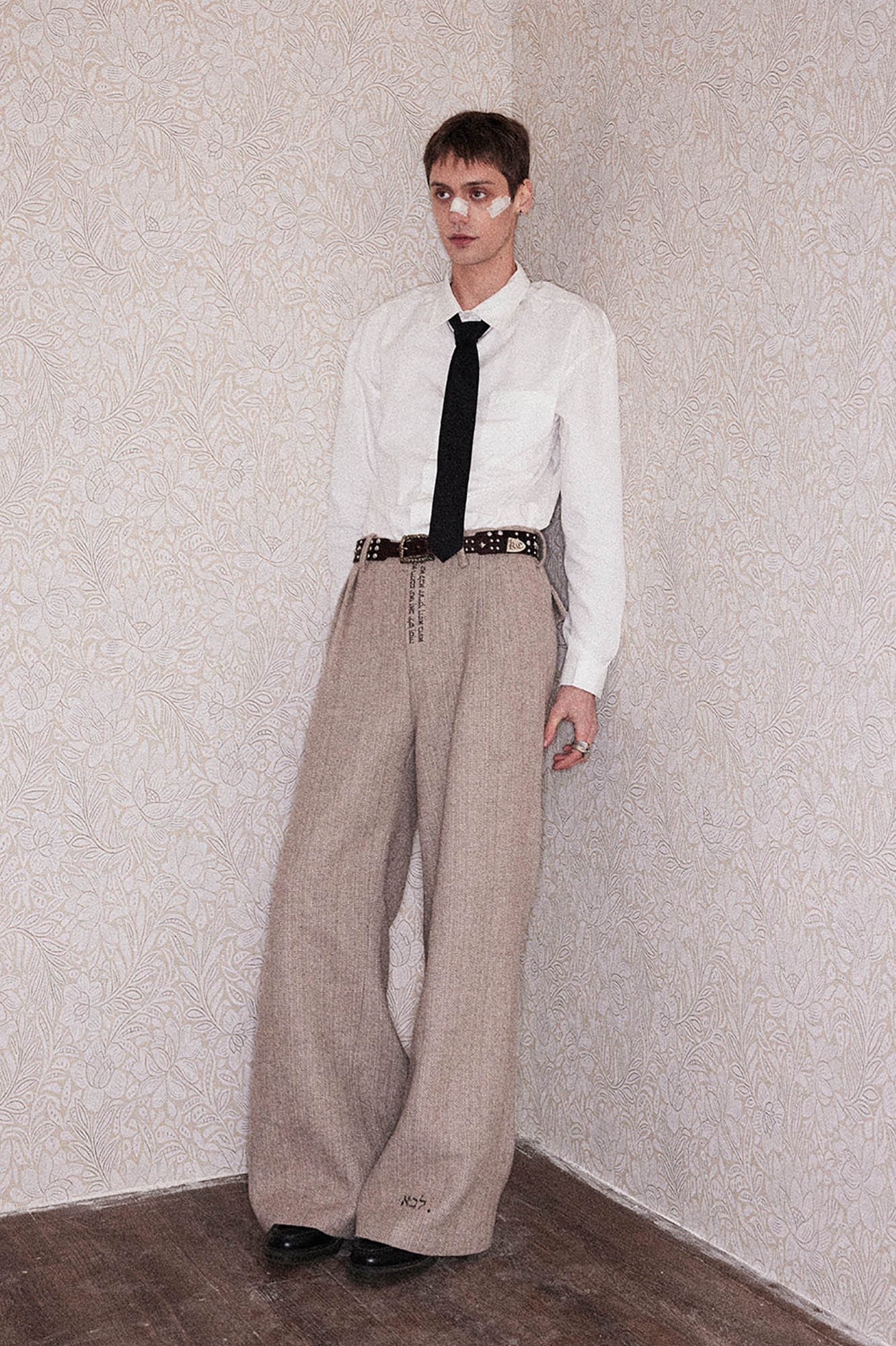 RICHILL Herringbone Hebrew Embroidery Wool-Blended Trousers
