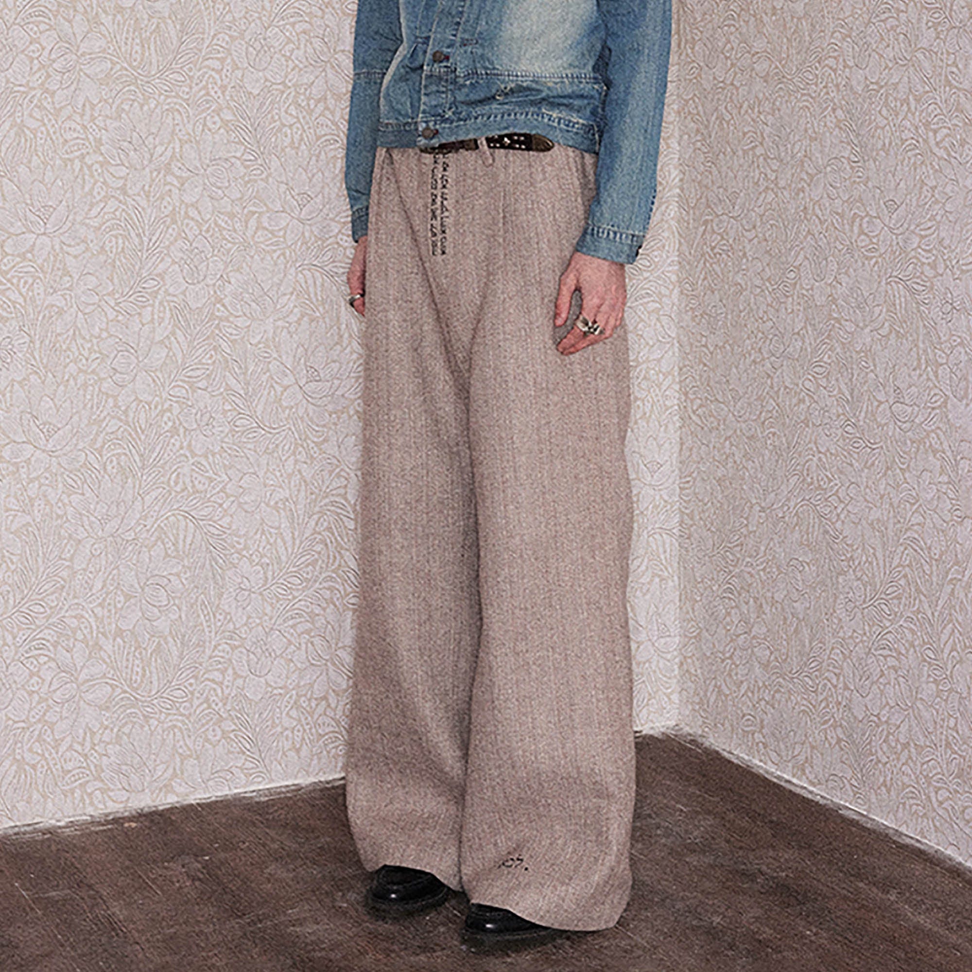 RICHILL Herringbone Hebrew Embroidery Wool-Blended Trousers