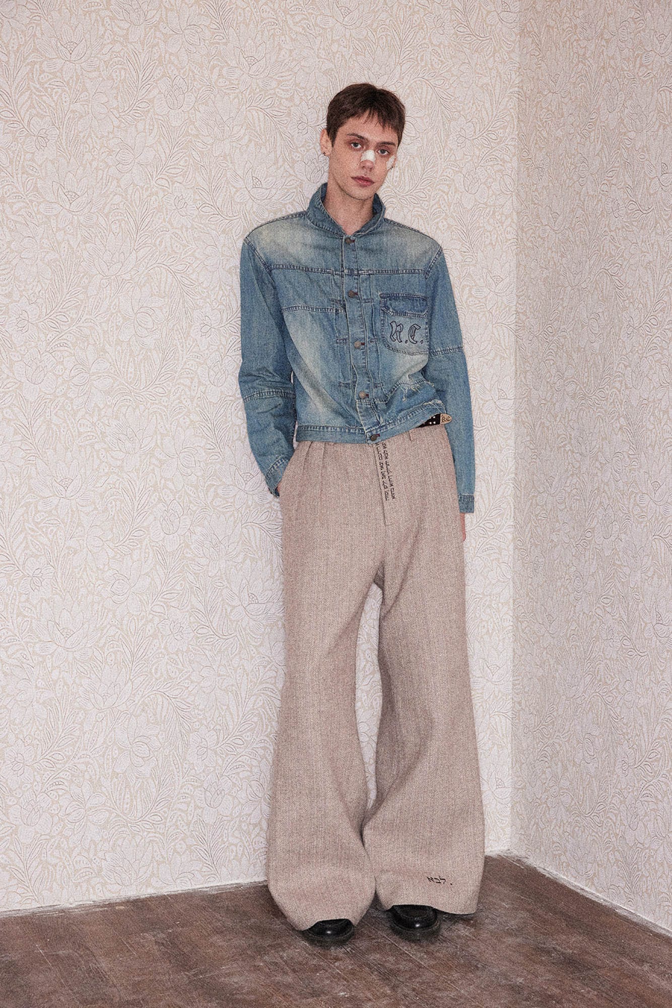 RICHILL Herringbone Hebrew Embroidery Wool-Blended Trousers
