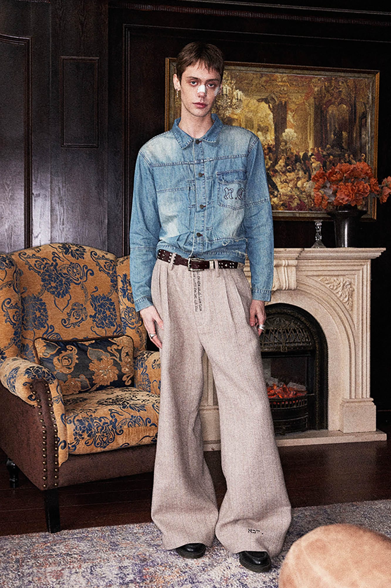 RICHILL Herringbone Hebrew Embroidery Wool-Blended Trousers