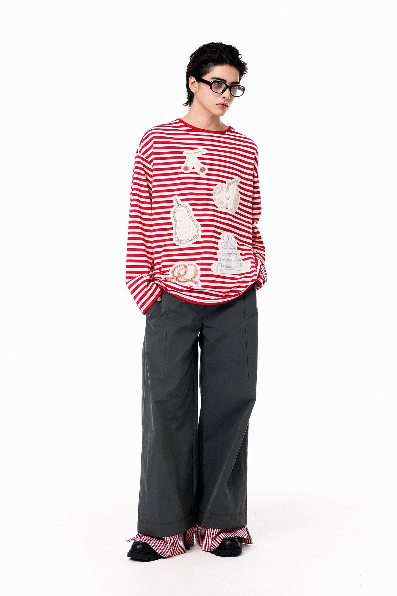 OIPWORD Snack Patchwork Striped Long-Sleeve Tee