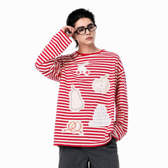 OIPWORD Snack Patchwork Striped Long-Sleeve Tee