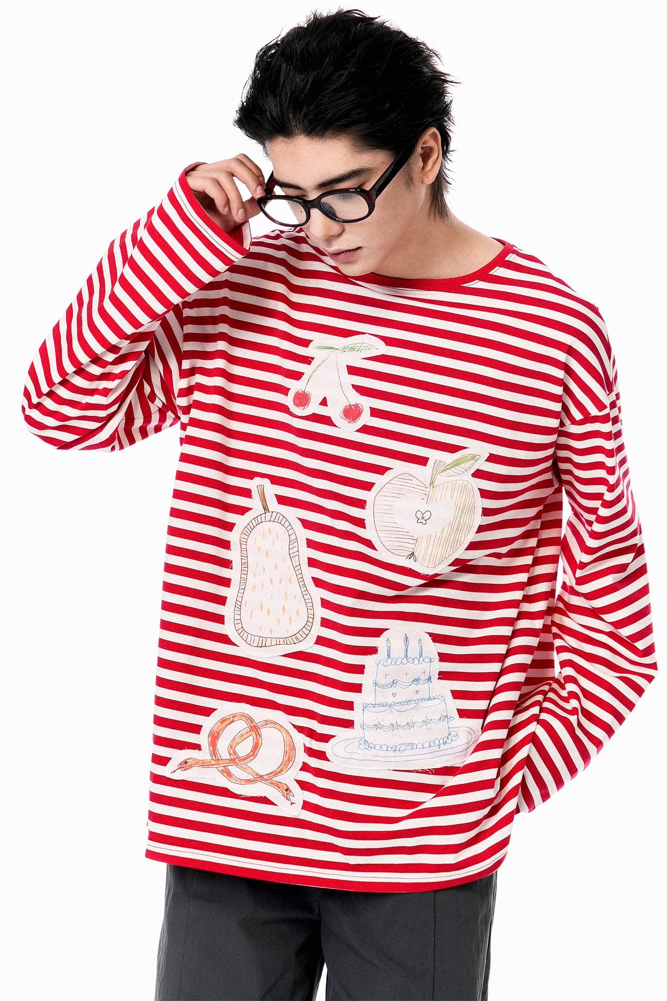 OIPWORD Snack Patchwork Striped Long-Sleeve Tee