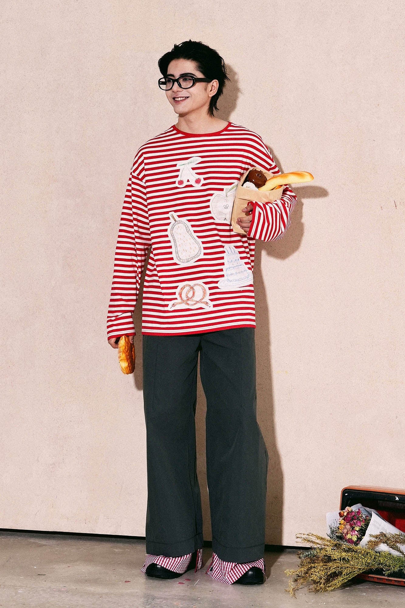 OIPWORD Snack Patchwork Striped Long-Sleeve Tee