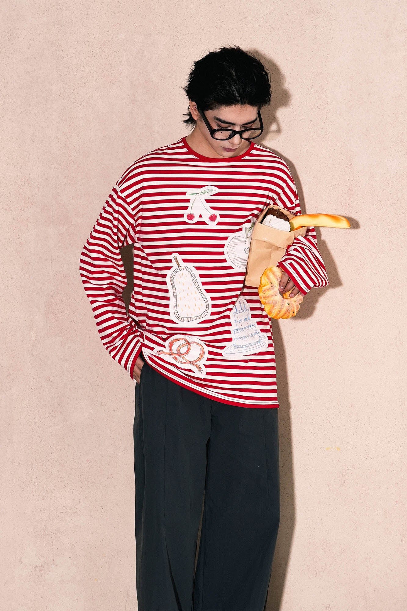 OIPWORD Snack Patchwork Striped Long-Sleeve Tee