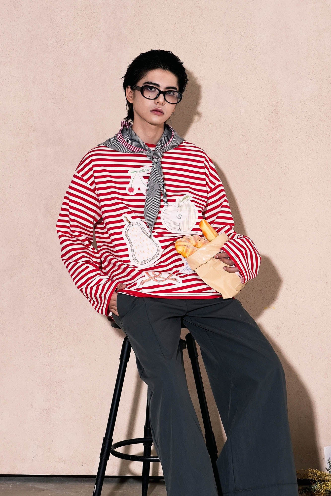 OIPWORD Snack Patchwork Striped Long-Sleeve Tee