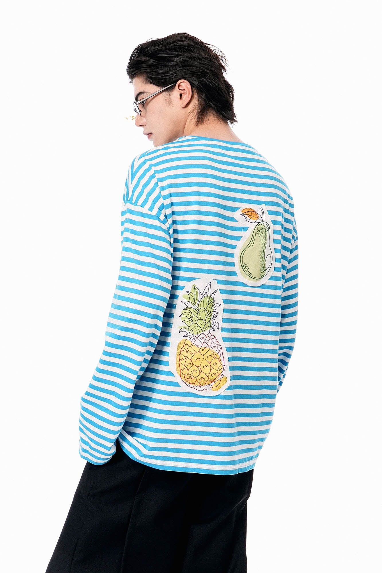 OIPWORD Snack Patchwork Striped Long-Sleeve Tee