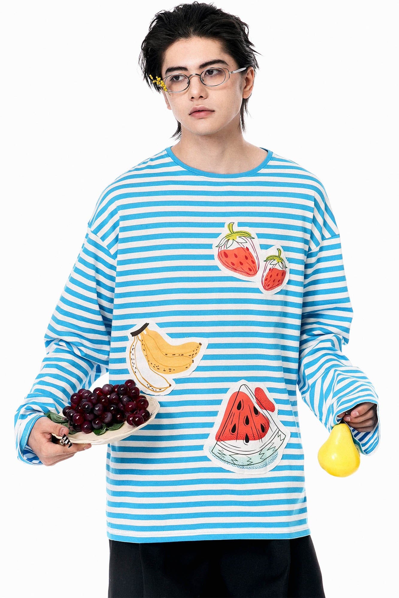 OIPWORD Snack Patchwork Striped Long-Sleeve Tee