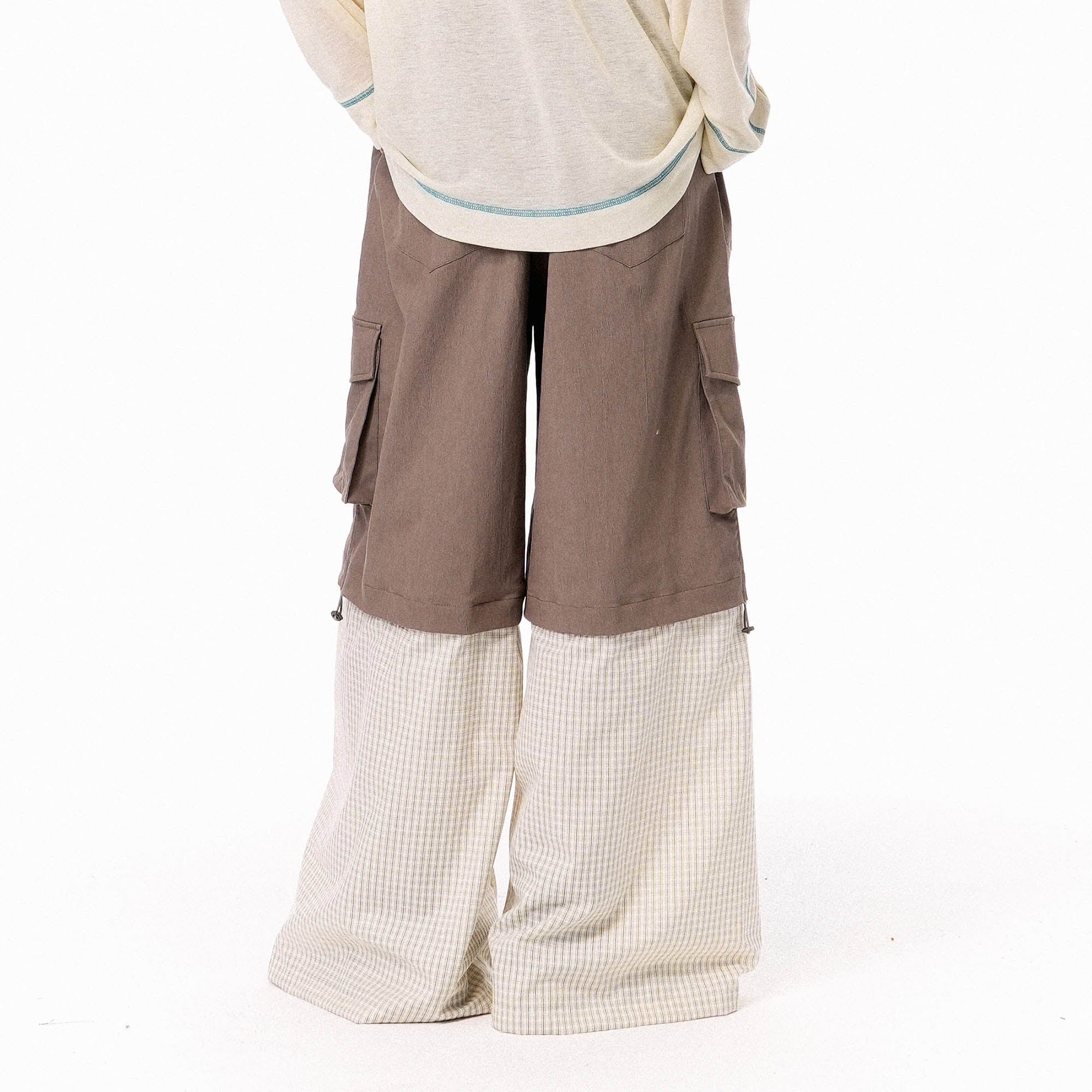 OIPWORD Detachable Plaid Multi-Pocket Wide-Leg Cargo