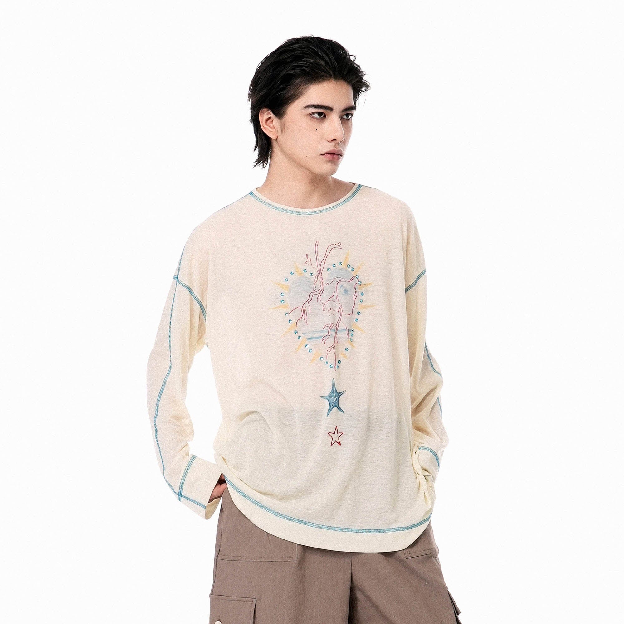 OIPWORD Starlit Heart Stitch Long-Sleeve Tee