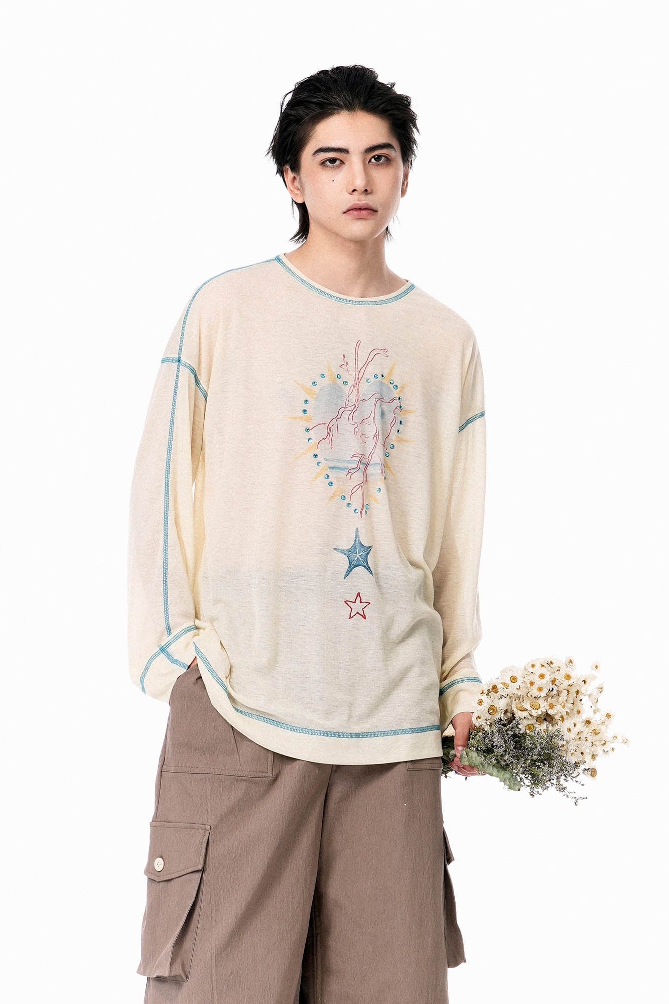 OIPWORD Starlit Heart Stitch Long-Sleeve Tee