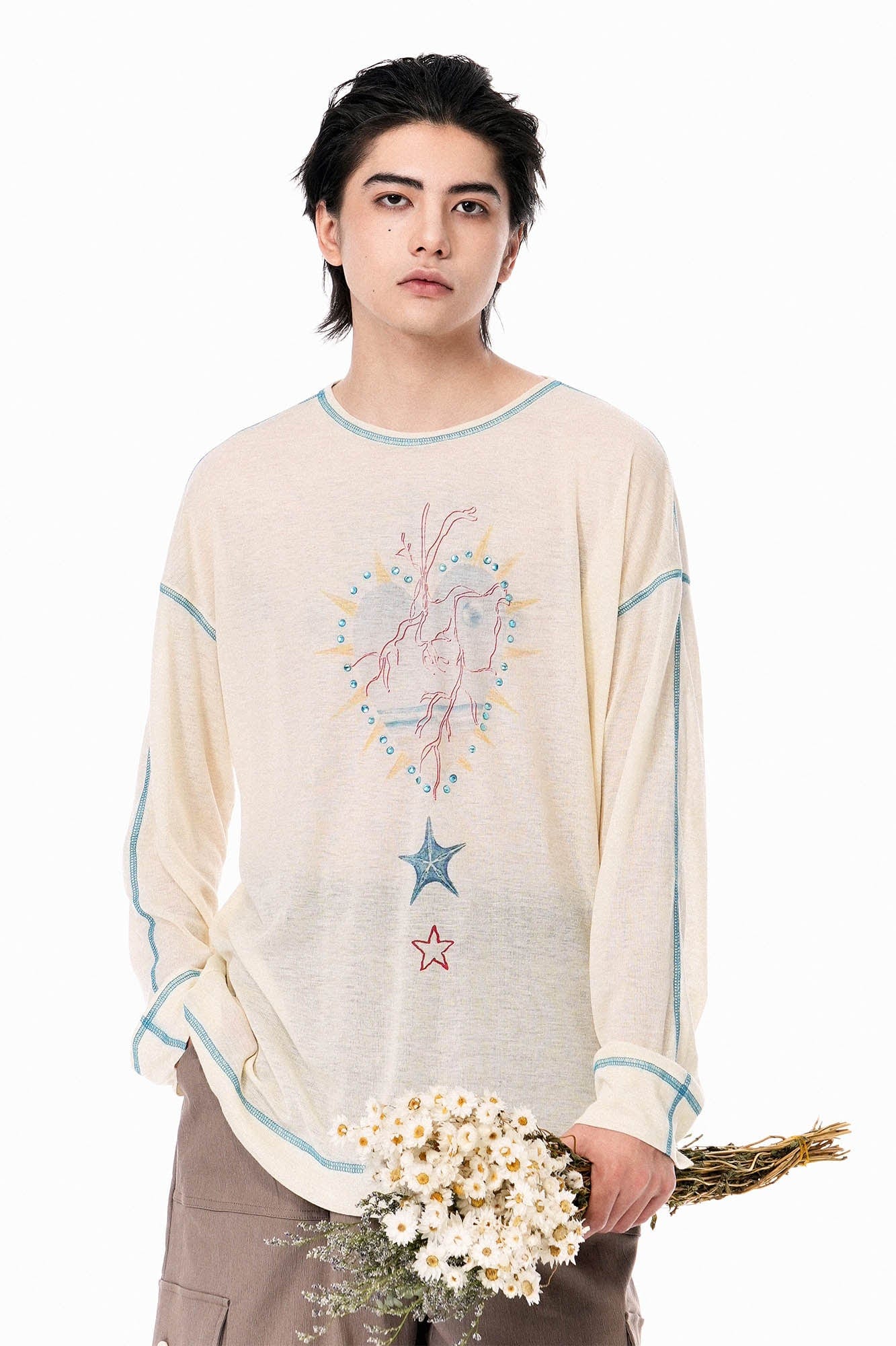 OIPWORD Starlit Heart Stitch Long-Sleeve Tee