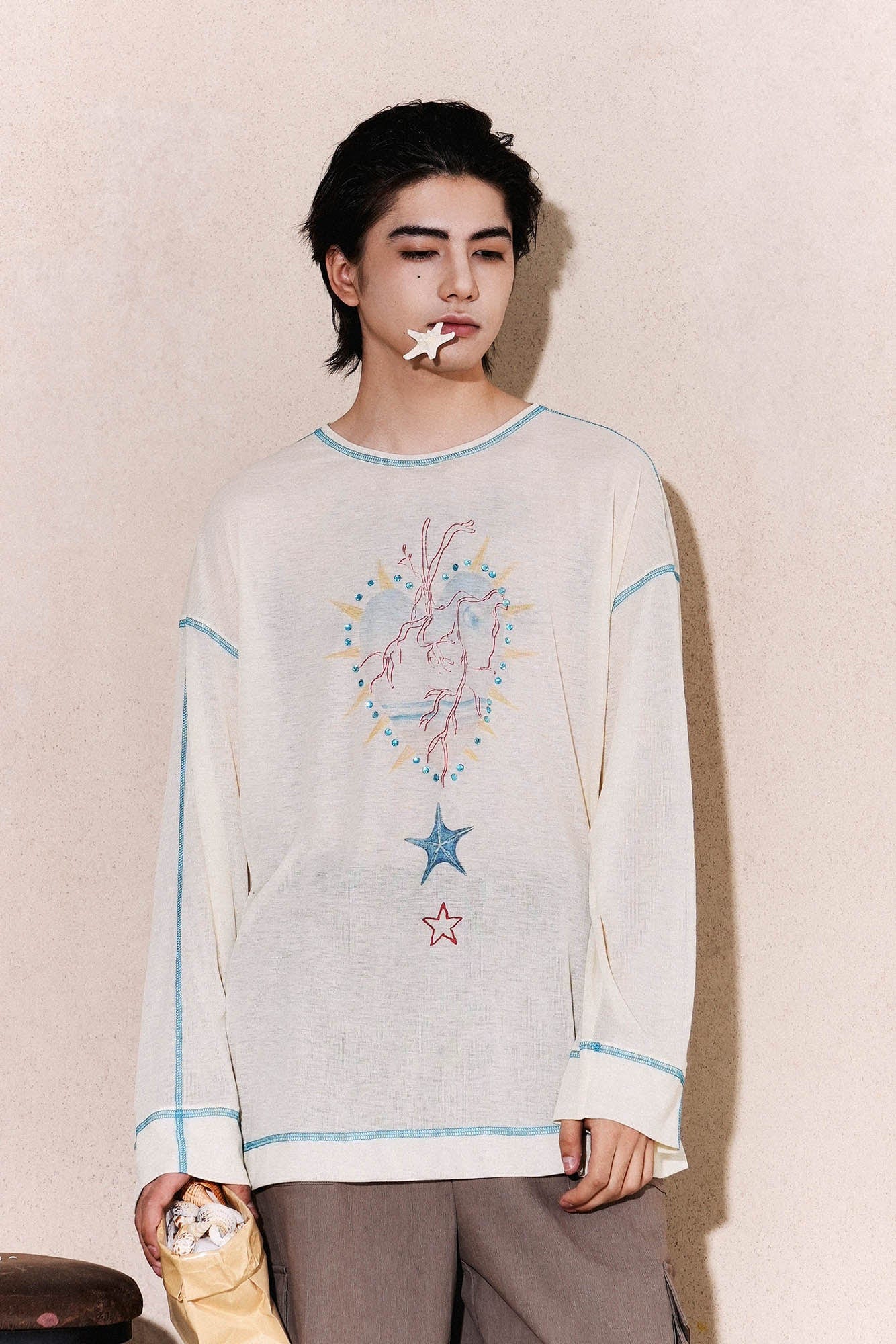 OIPWORD Starlit Heart Stitch Long-Sleeve Tee