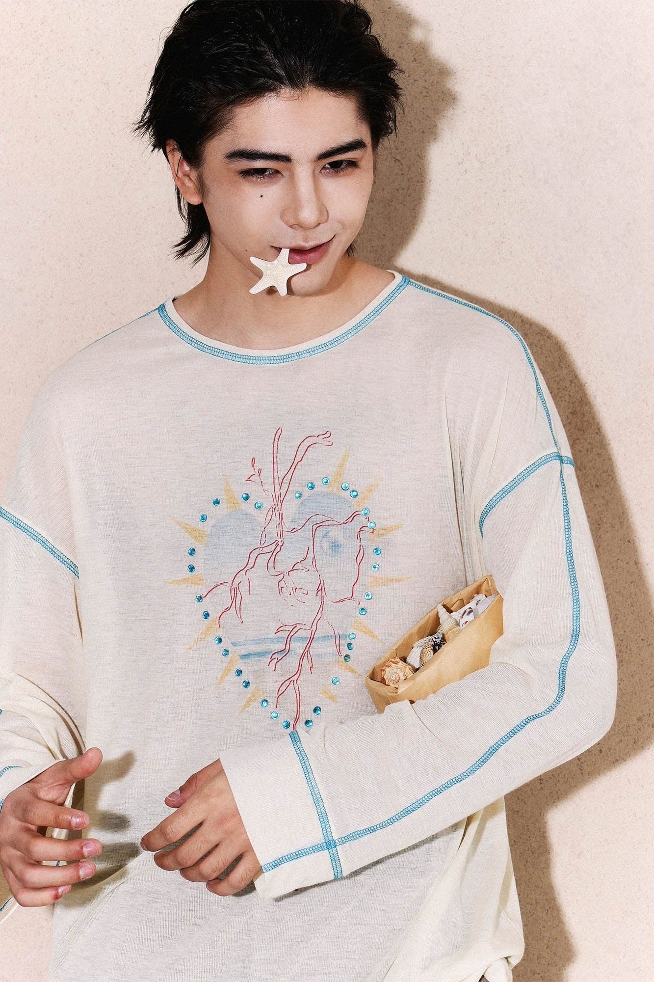 OIPWORD Starlit Heart Stitch Long-Sleeve Tee