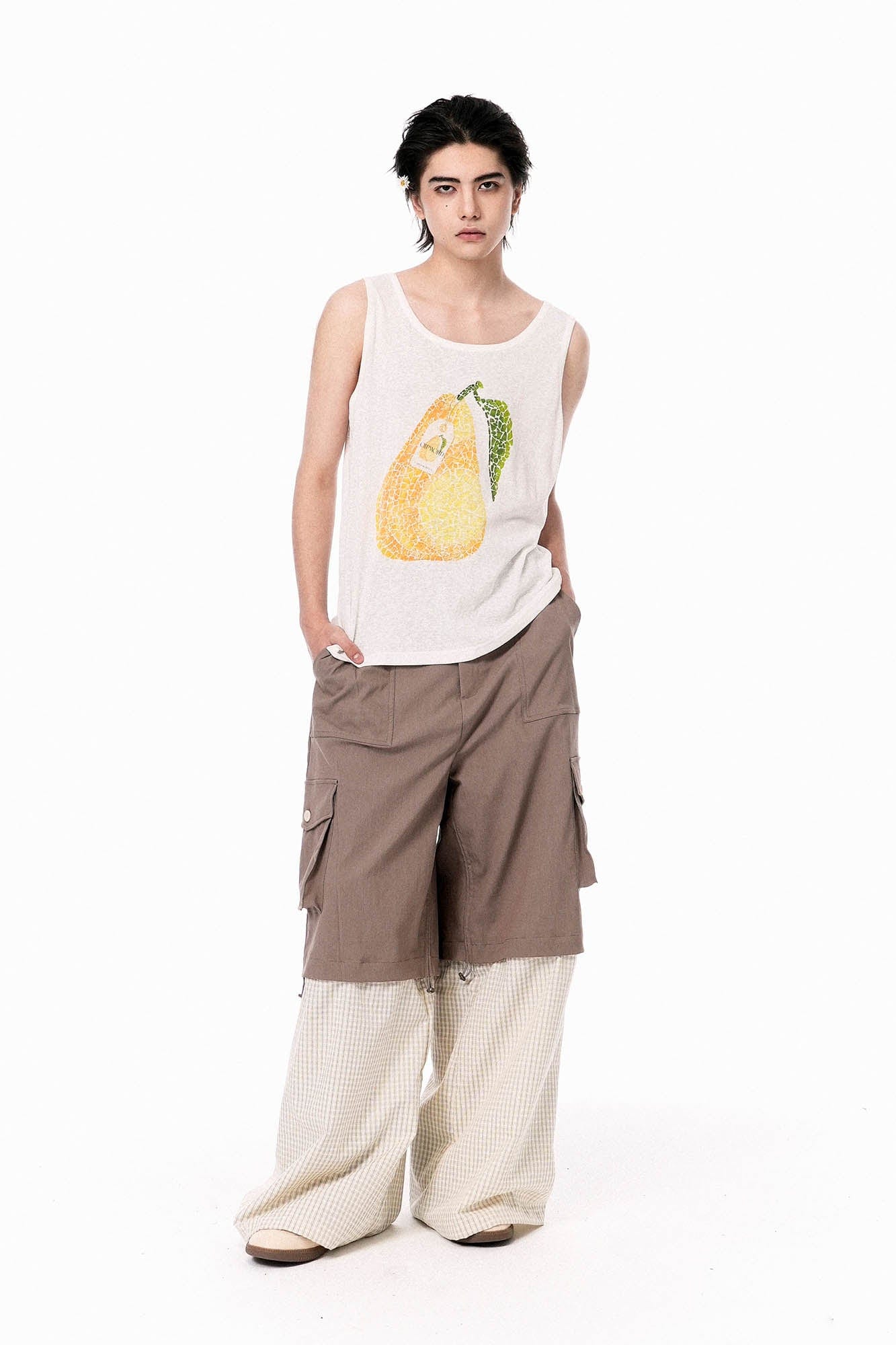 OIPWORD Detachable Plaid Multi-Pocket Wide-Leg Cargo