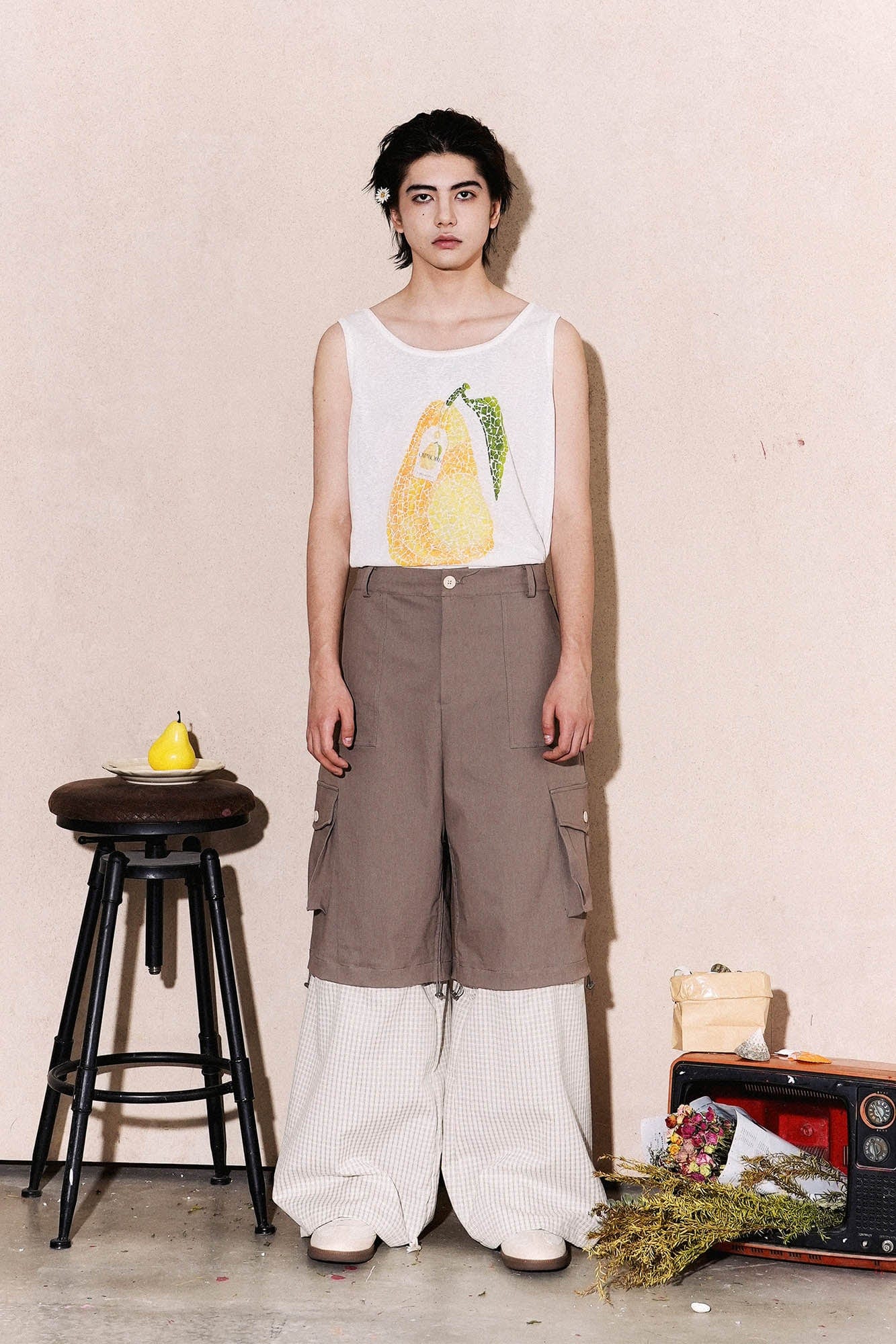OIPWORD Detachable Plaid Multi-Pocket Wide-Leg Cargo