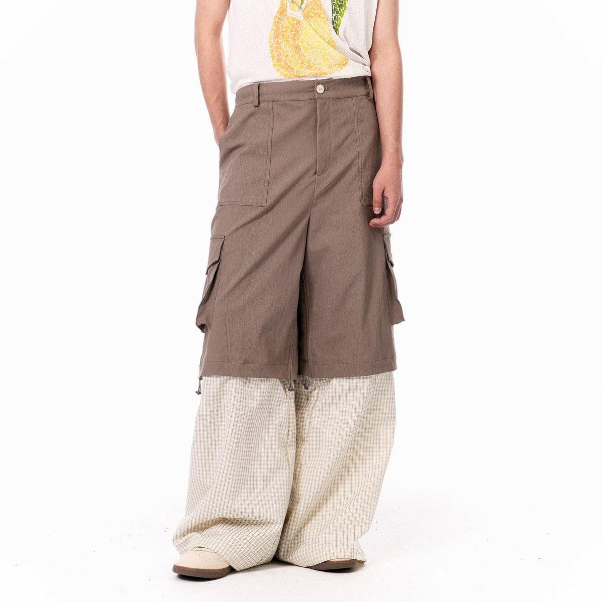 OIPWORD Detachable Plaid Multi-Pocket Wide-Leg Cargo