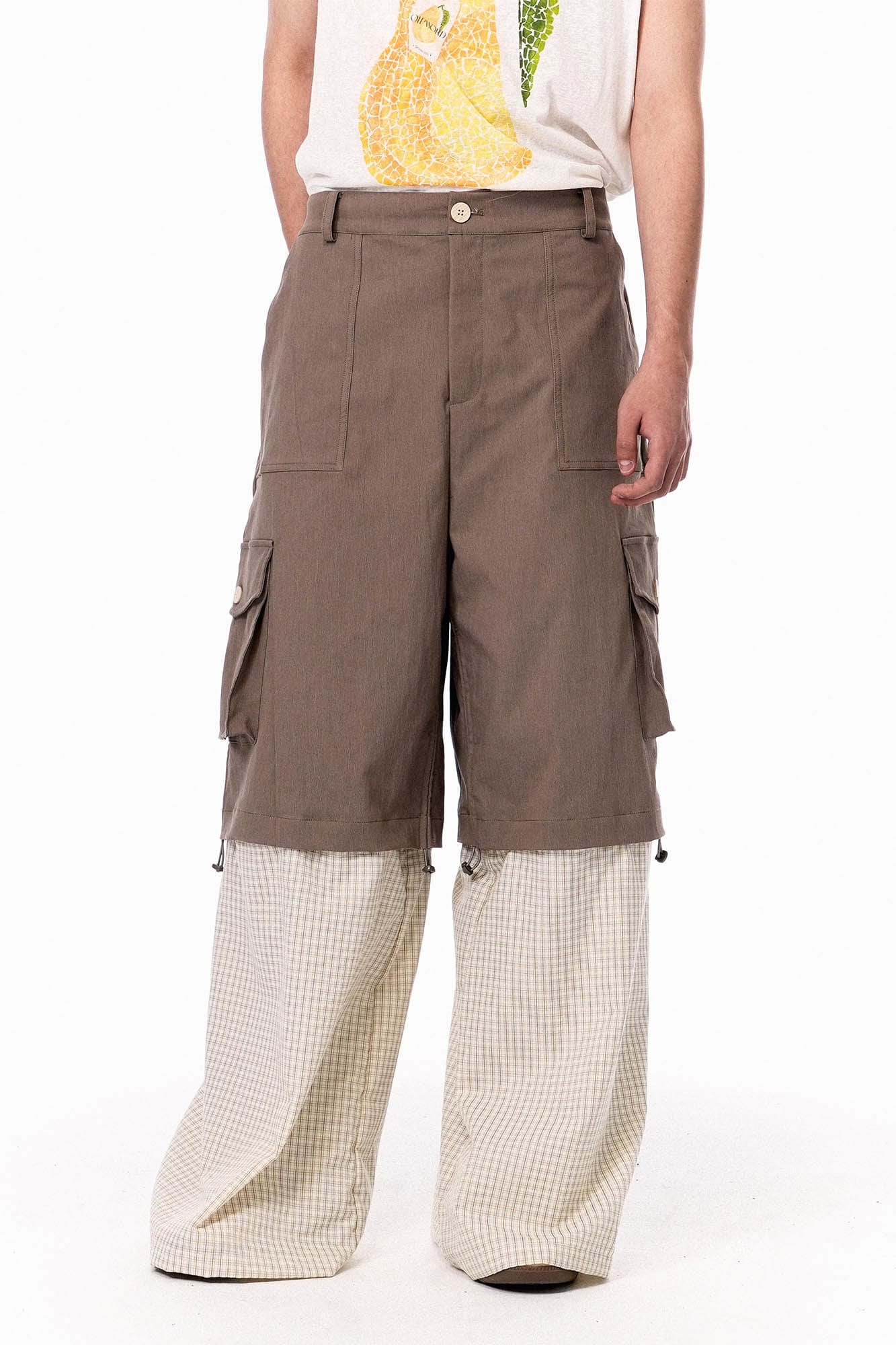 OIPWORD Detachable Plaid Multi-Pocket Wide-Leg Cargo