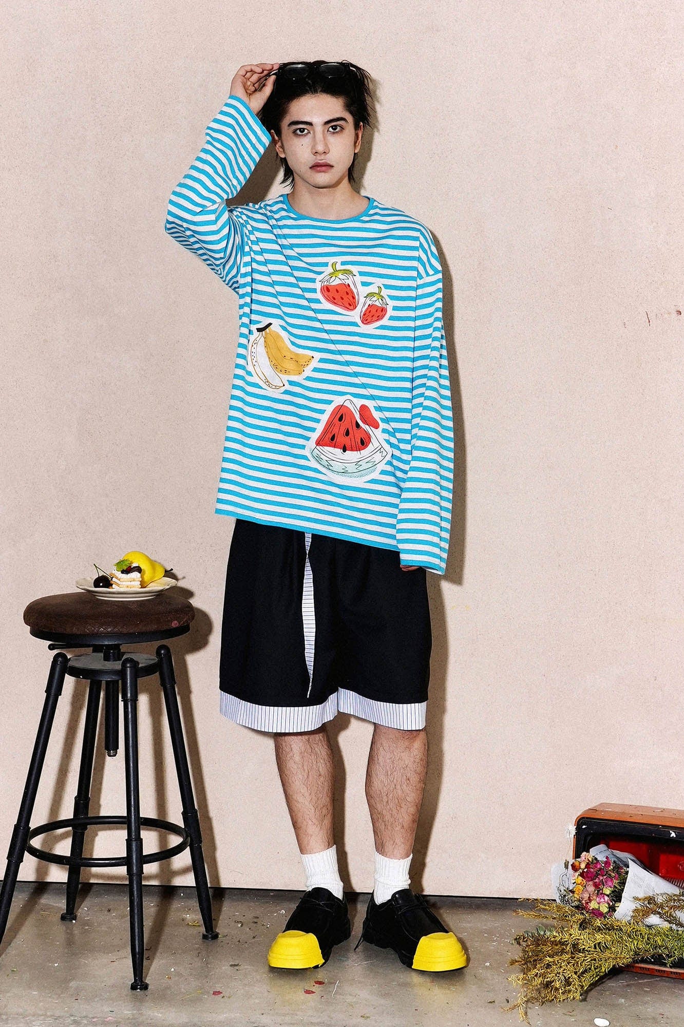 OIPWORD Snack Patchwork Striped Long-Sleeve Tee