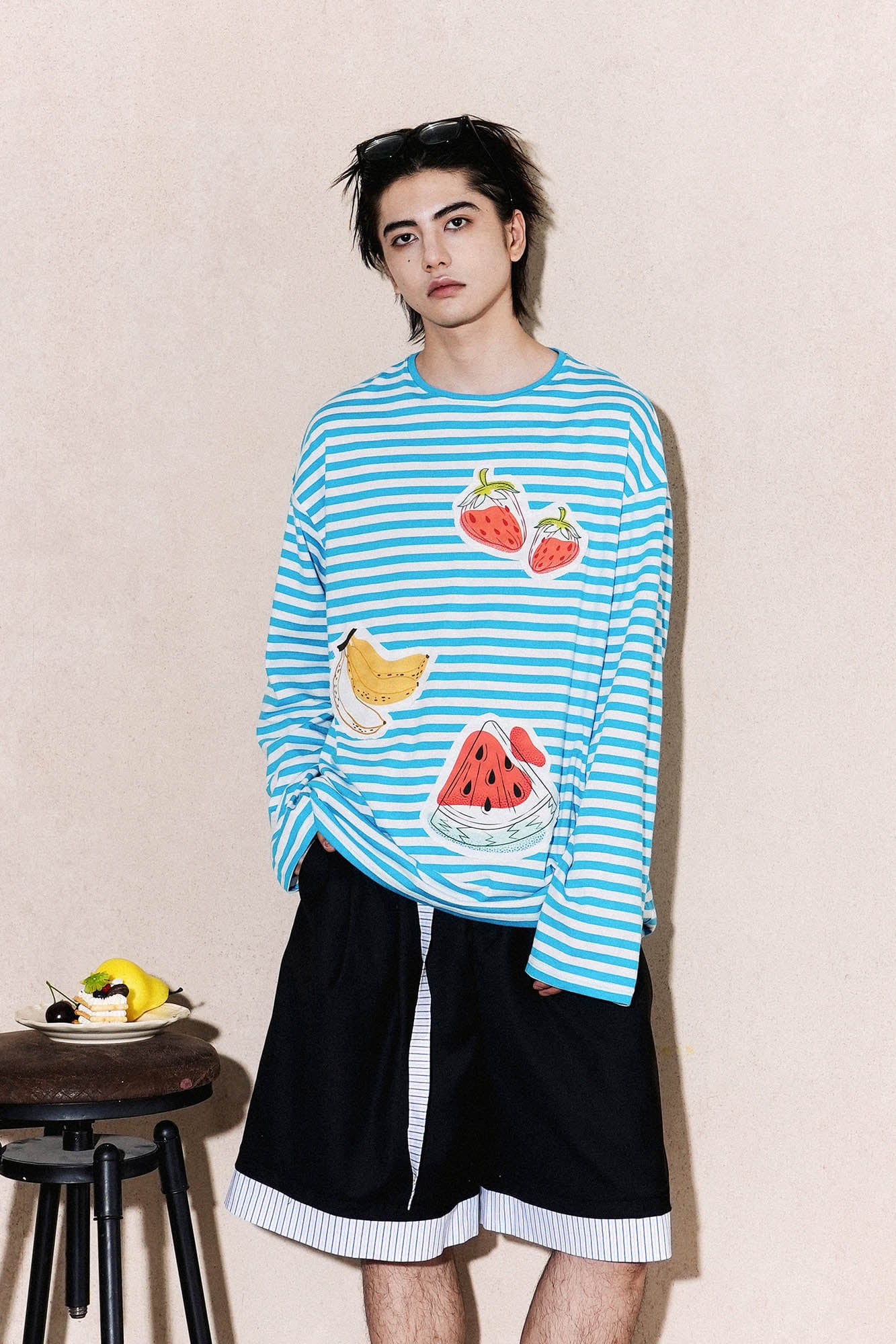 OIPWORD Snack Patchwork Striped Long-Sleeve Tee