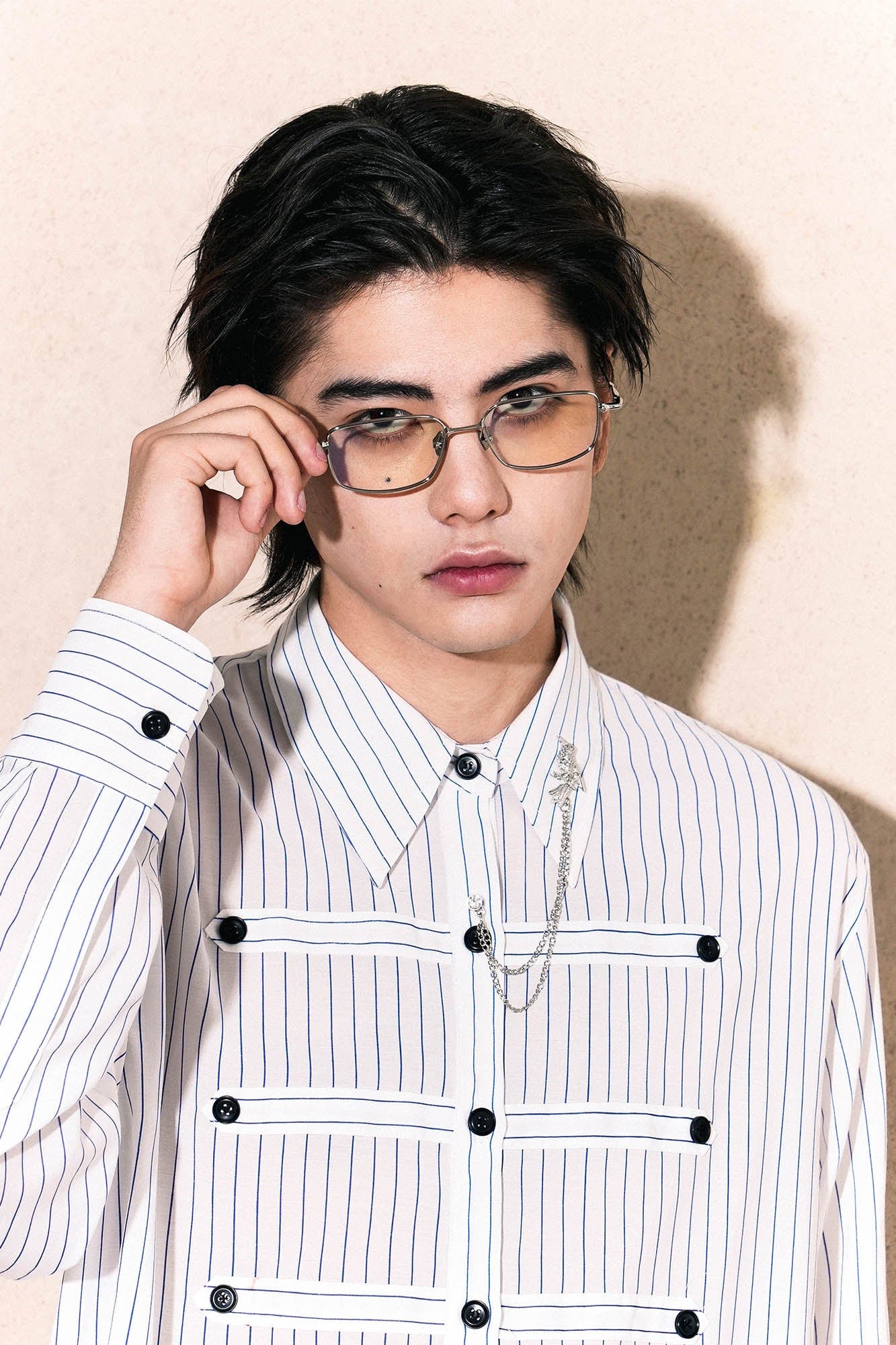 OIPWORD Courtly Multi-Strap Pinstriped Shirt