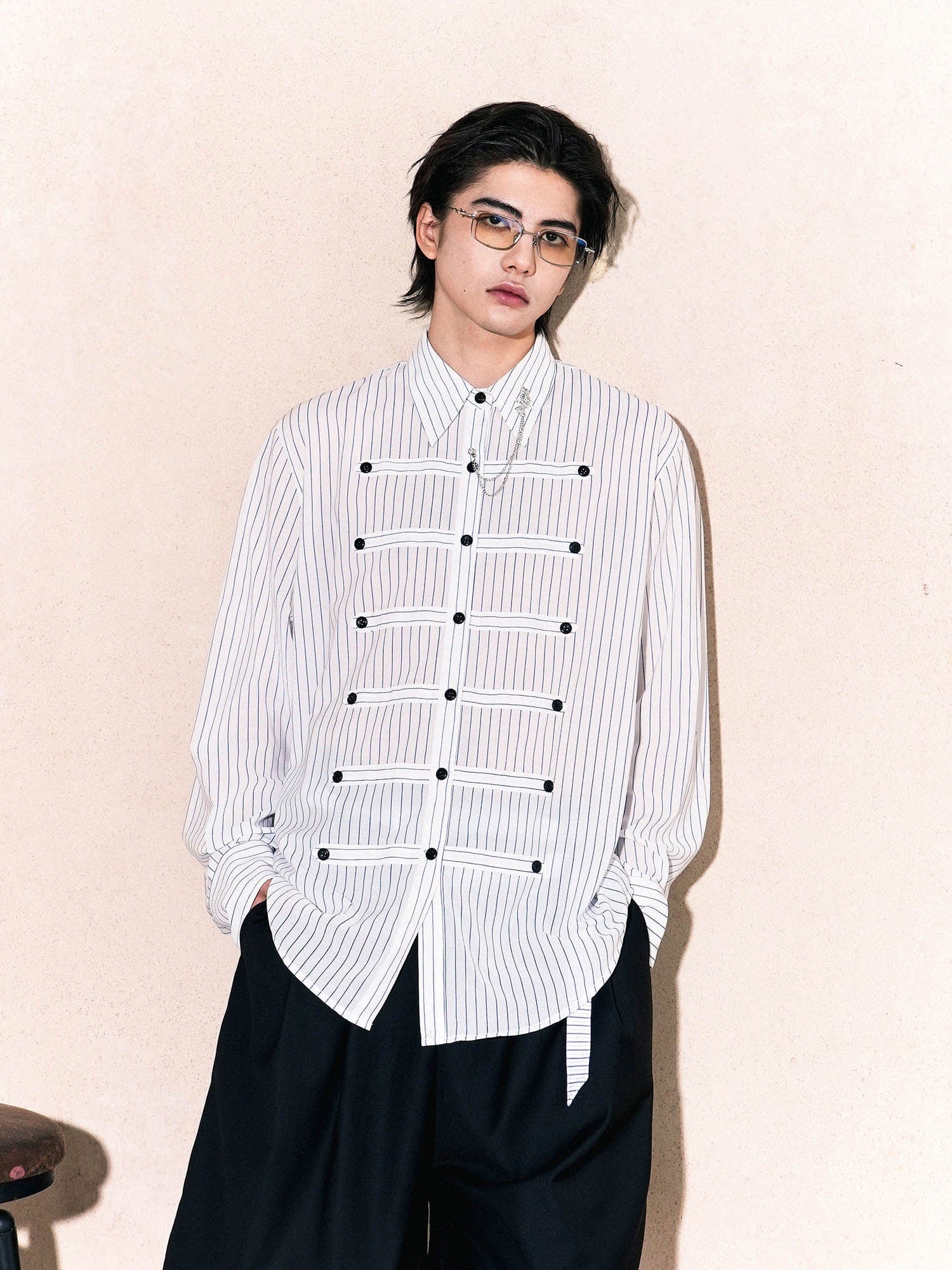 OIPWORD Courtly Multi-Strap Pinstriped Shirt