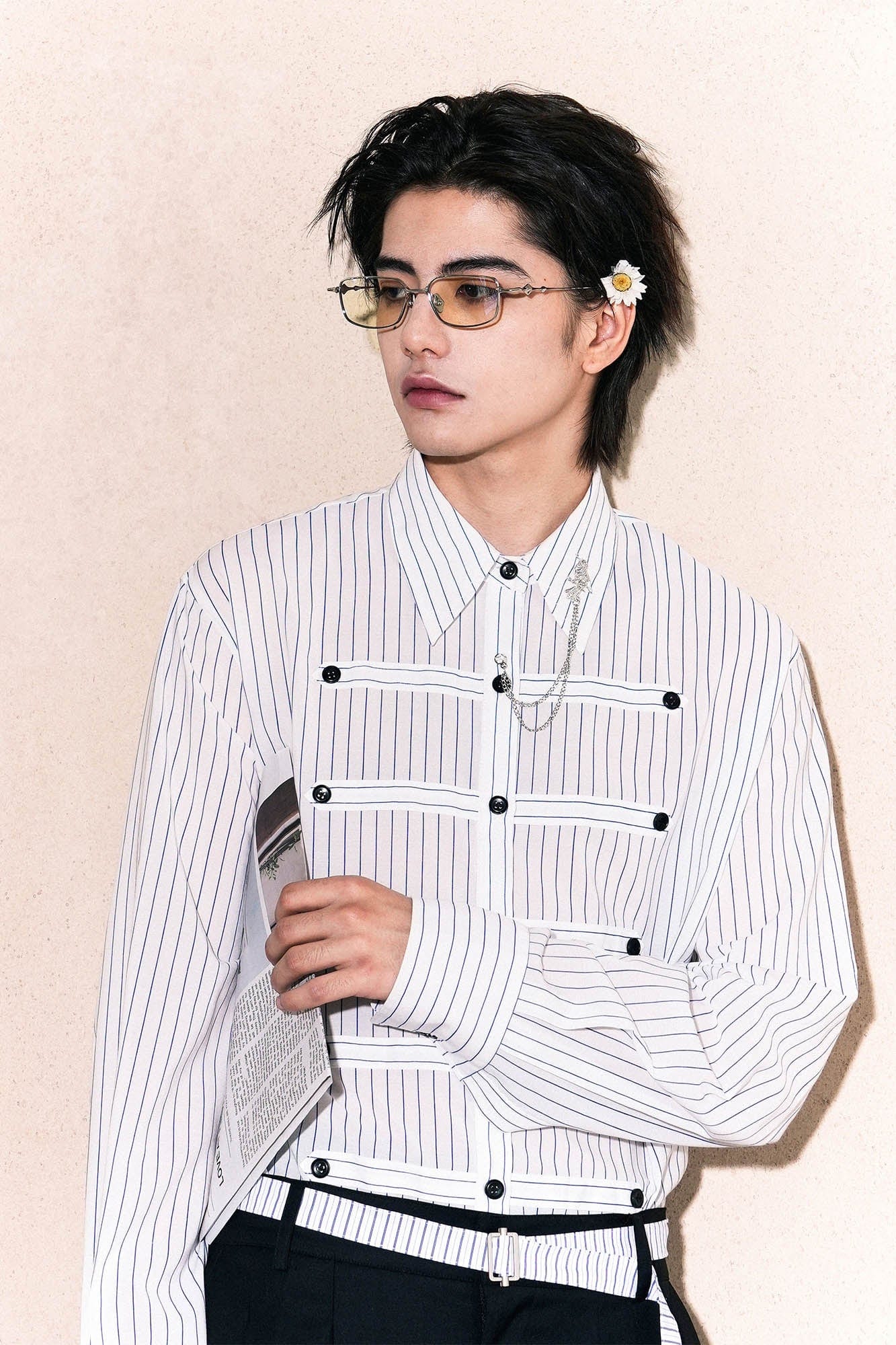OIPWORD Courtly Multi-Strap Pinstriped Shirt