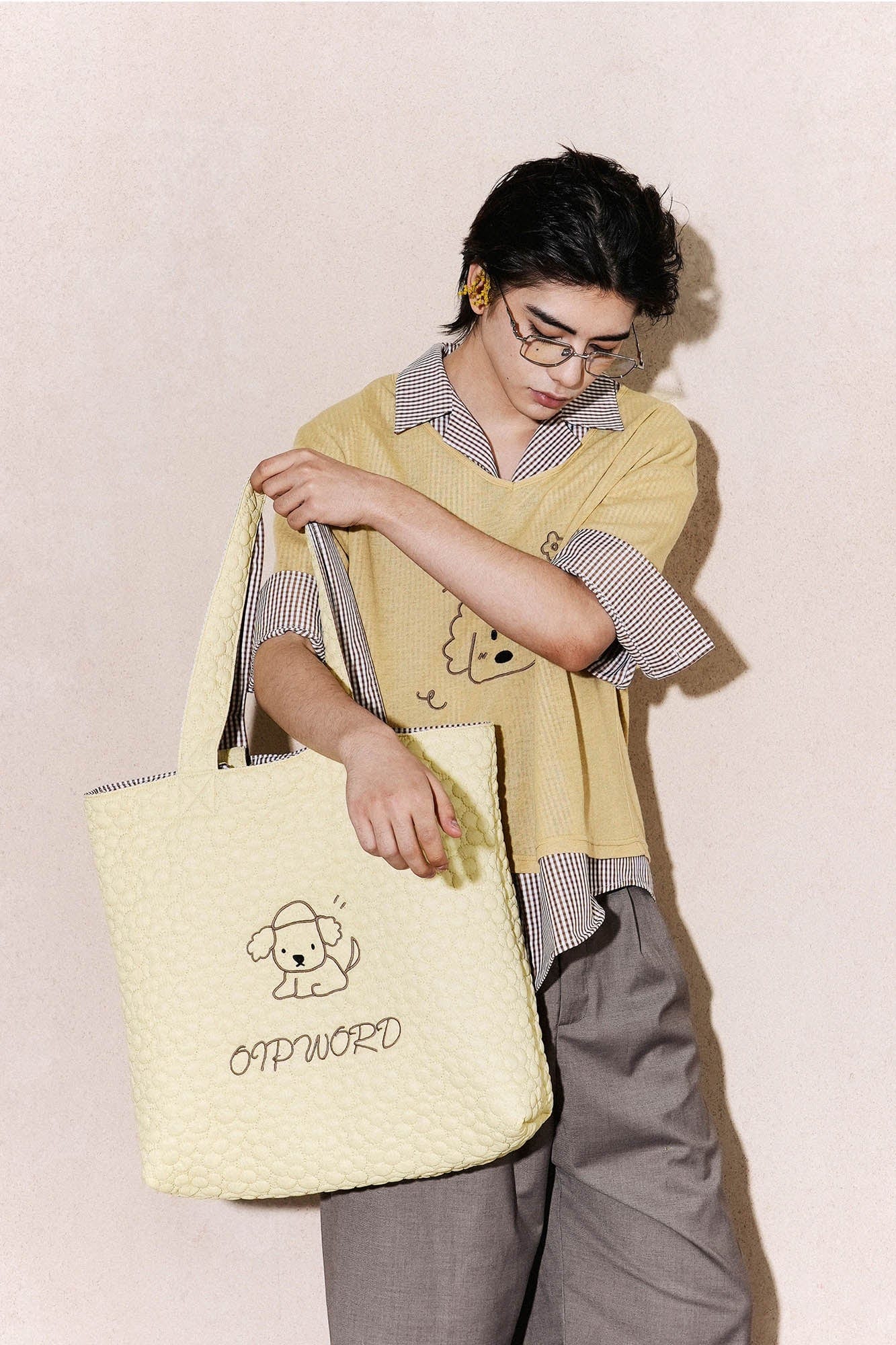 OIPWORD Reversible Quilted & Check Tote Bag