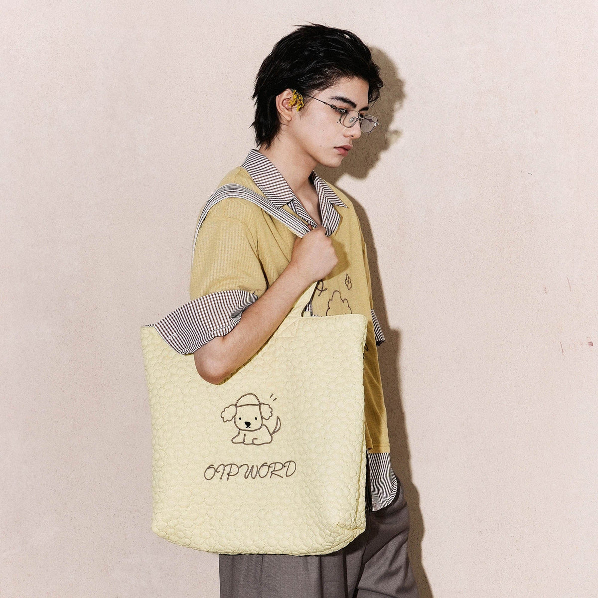 OIPWORD Reversible Quilted & Check Tote Bag