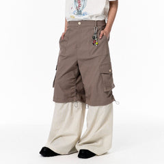 OIPWORD Detachable Plaid Multi-Pocket Wide-Leg Cargo