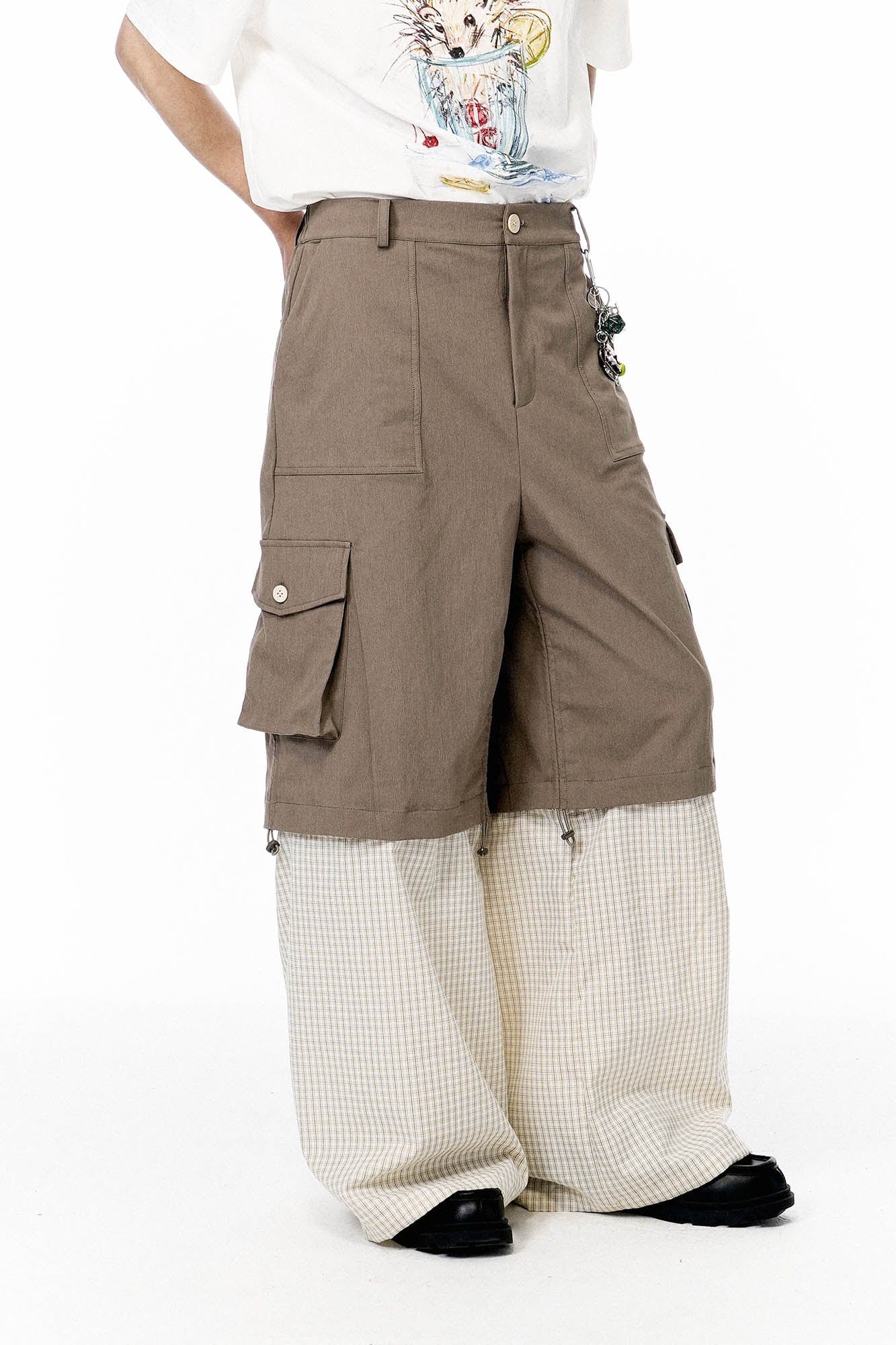 OIPWORD Detachable Plaid Multi-Pocket Wide-Leg Cargo