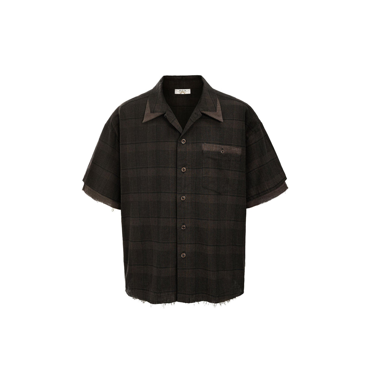 ESAIAS Plaid Layered Raw-Edge Half Shirt Brown
