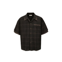 ESAIAS Plaid Layered Raw-Edge Half Shirt Brown