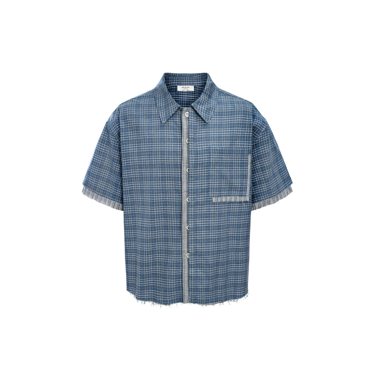 ESAIAS Plaid Layered Raw-Edge Half Shirt Blue