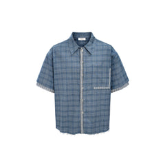 ESAIAS Plaid Layered Raw-Edge Half Shirt Blue