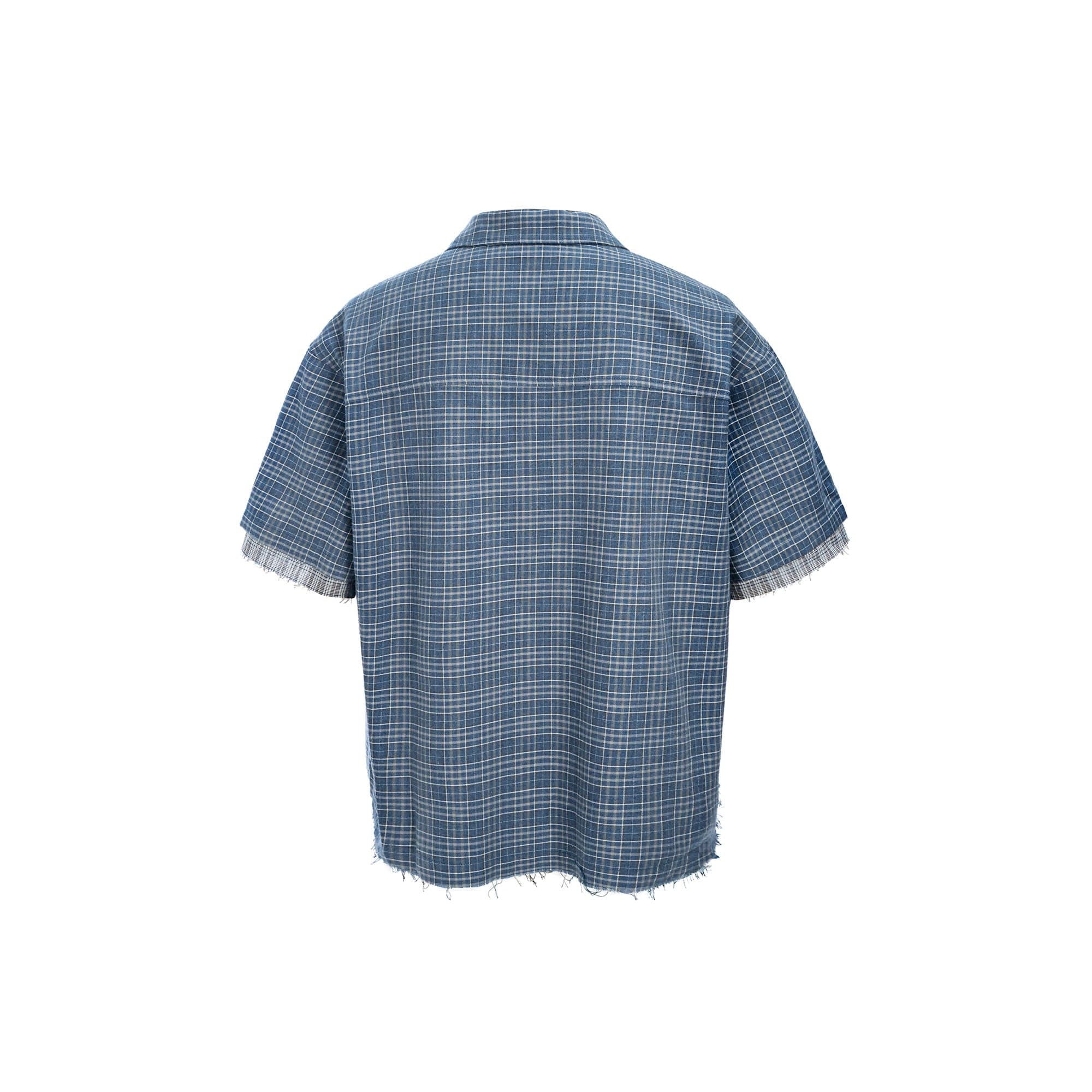 ESAIAS Plaid Layered Raw-Edge Half Shirt Blue