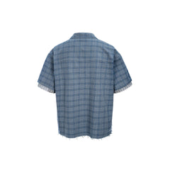 ESAIAS Plaid Layered Raw-Edge Half Shirt Blue
