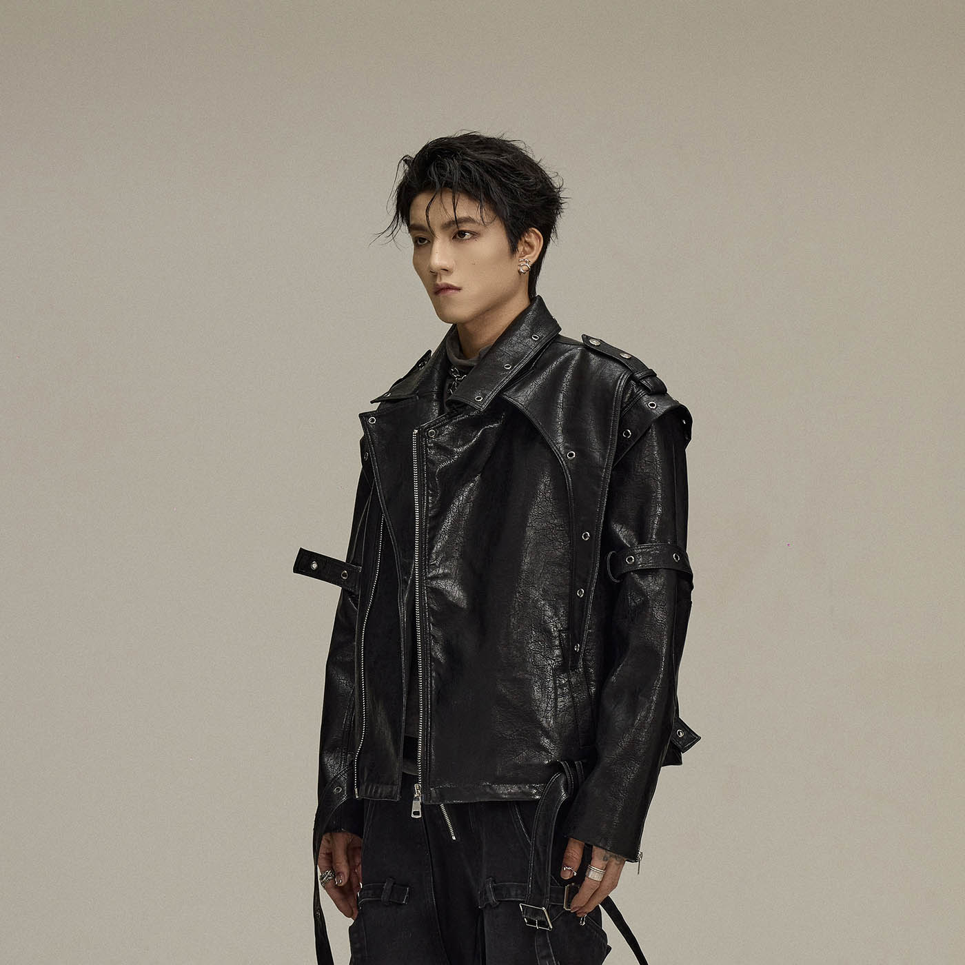 FLYERRER Asymmetrical Hoop-Hole Faux Leather Jacket