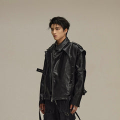 FLYERRER Asymmetrical Hoop-Hole Faux Leather Jacket