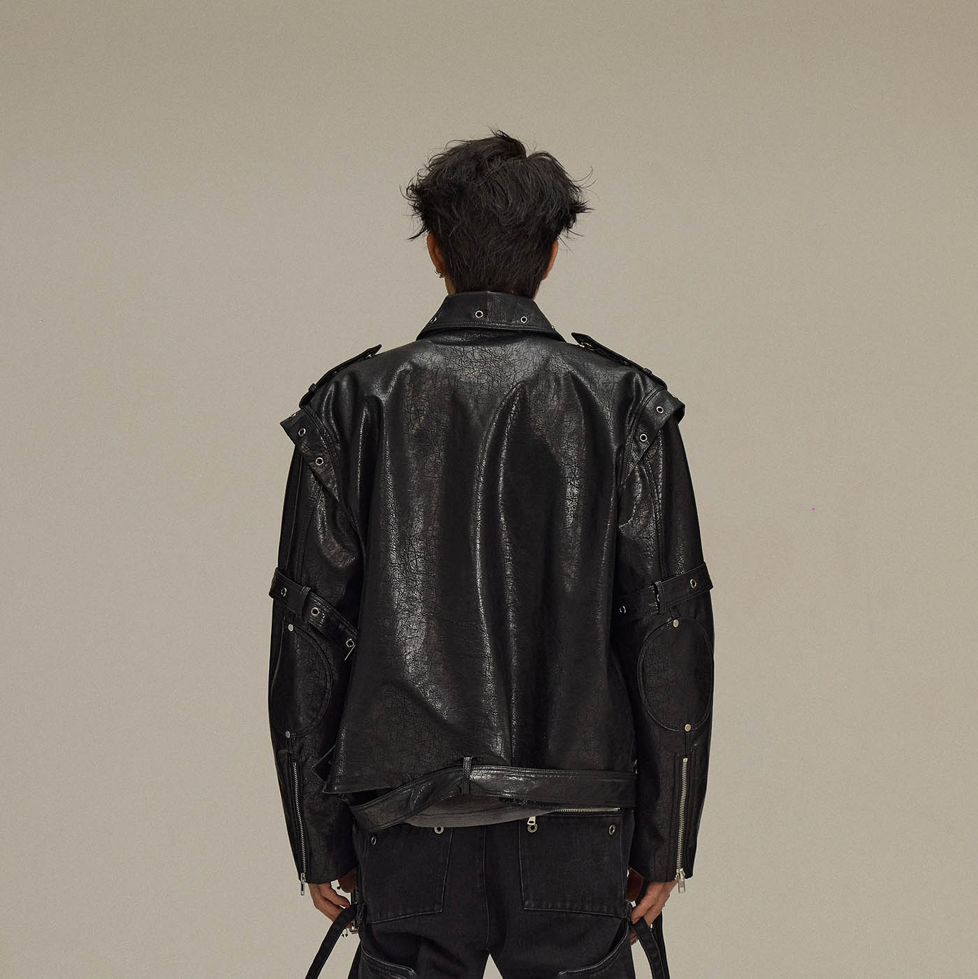 FLYERRER Asymmetrical Hoop-Hole Faux Leather Jacket