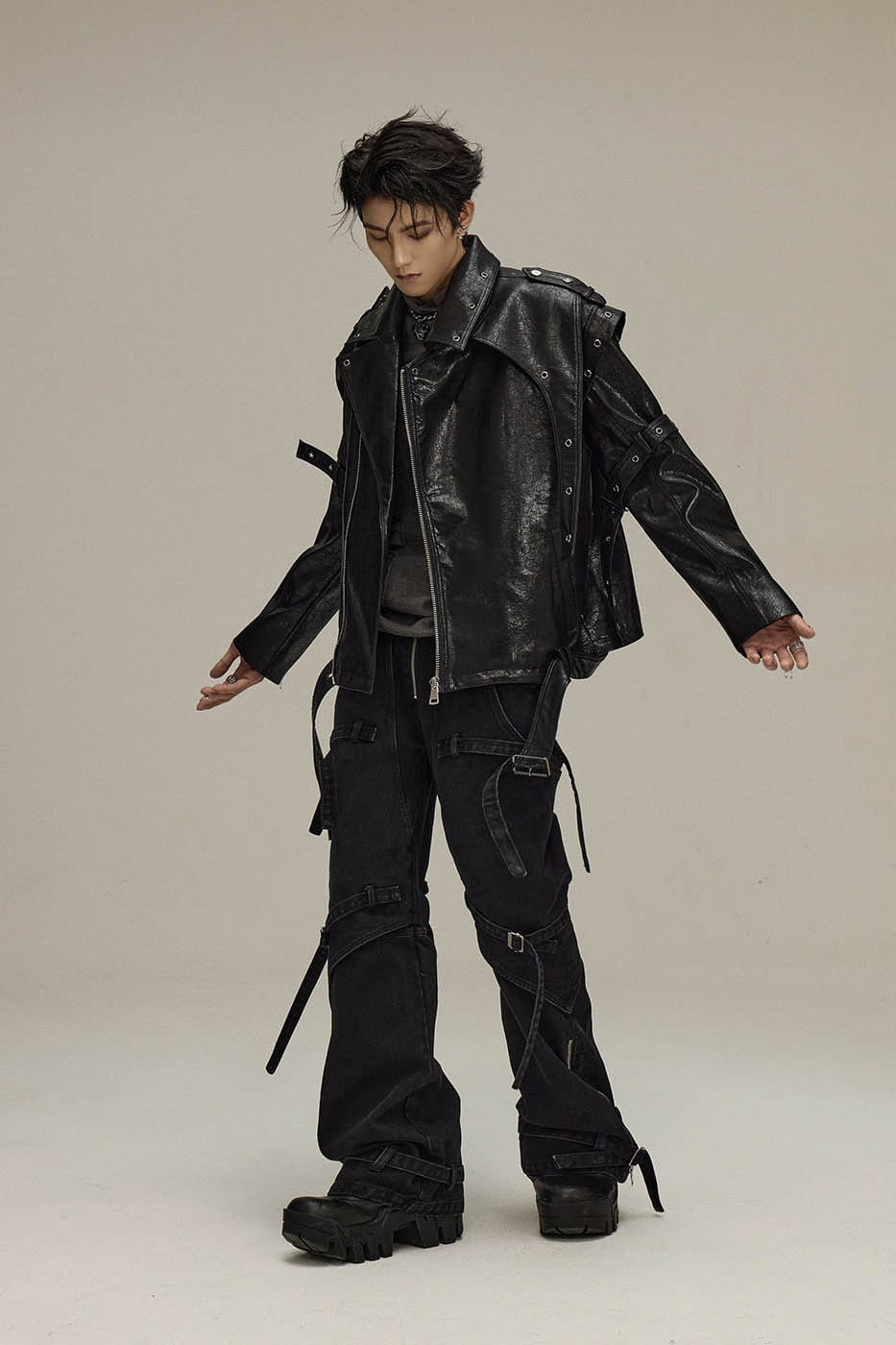 FLYERRER Asymmetrical Hoop-Hole Faux Leather Jacket